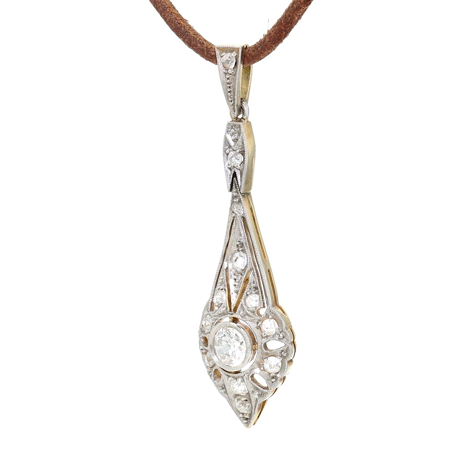 Art Deco pendant in 585 yellow gold, platinum-plated with diamonds, hanging turned left