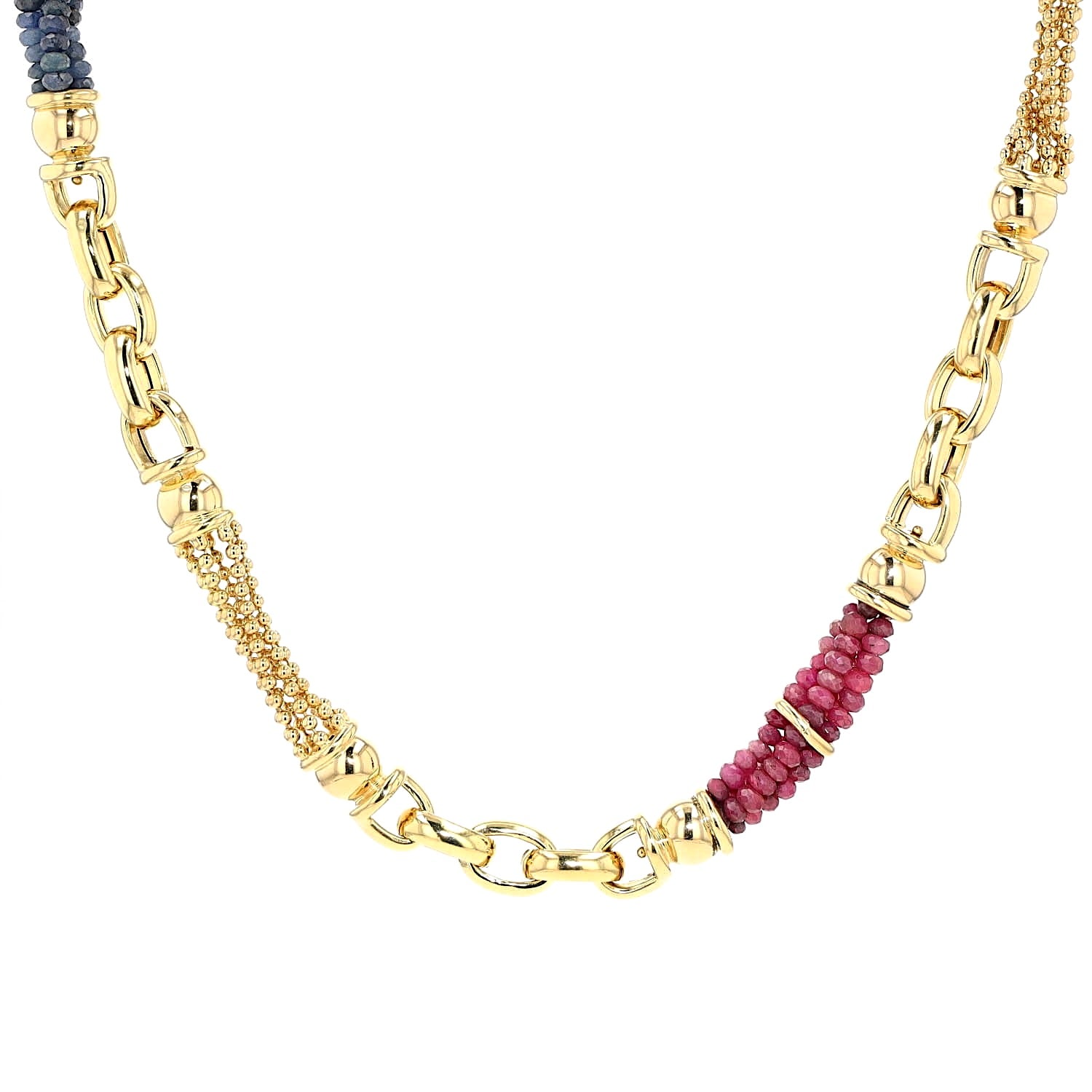 Exclusive italienische Kette in 750er Gelbgold mit Rubinen und blauen Saphir im Cabochonschliff, hängend frontal