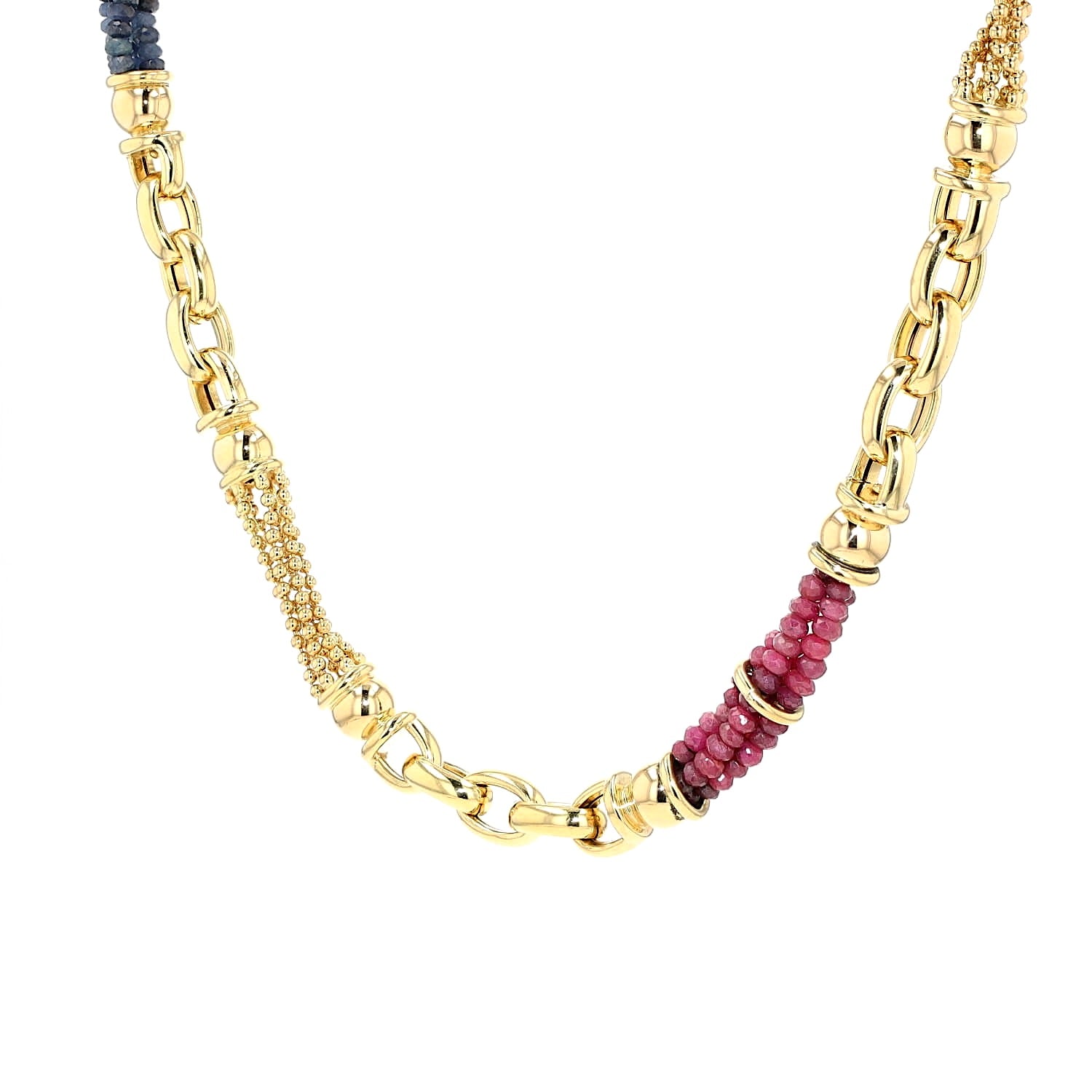 Exclusive Italian necklace in 750 yellow gold with rubies and blue sapphire in cabochon cut, hanging turned left