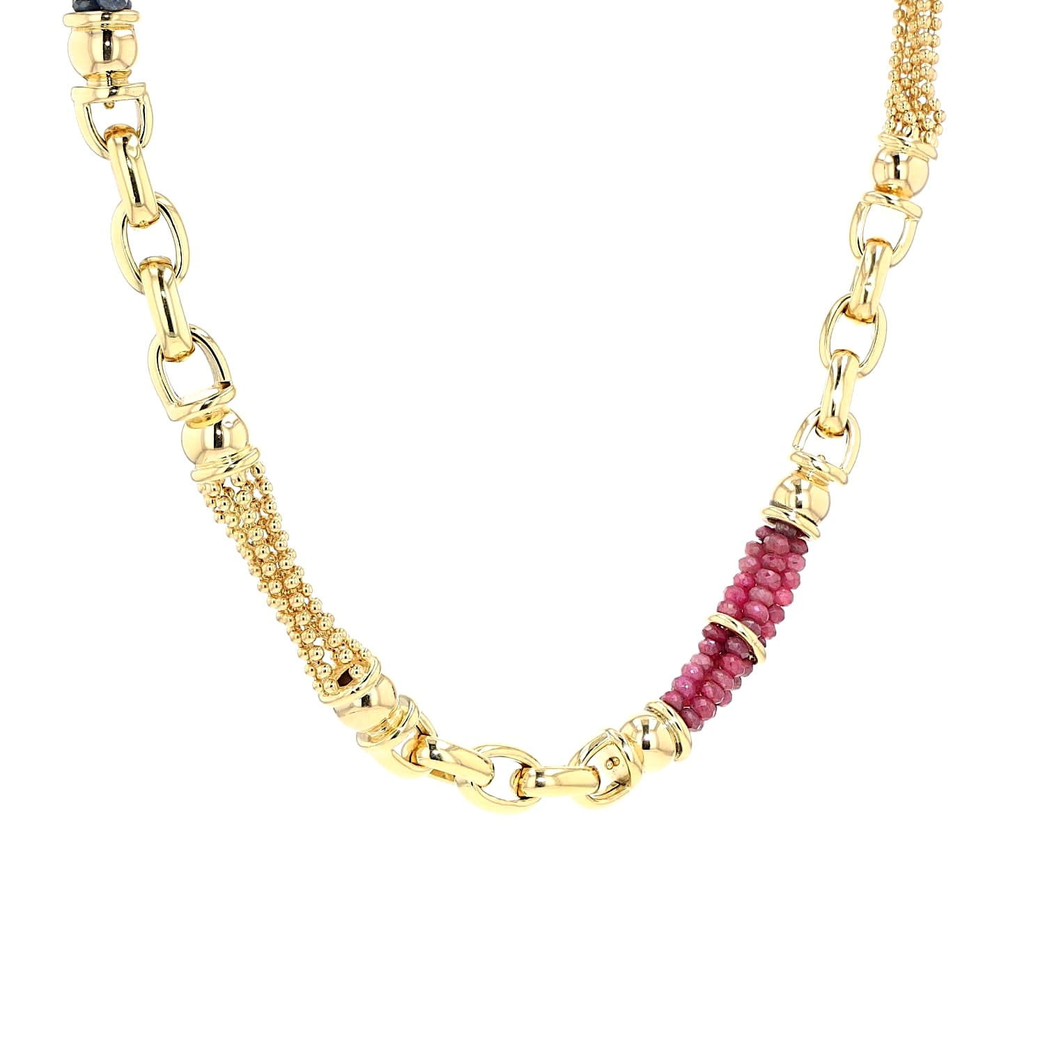Exclusive Italian necklace in 750 yellow gold with cabochon-cut rubies and blue sapphire, hanging turned to the right