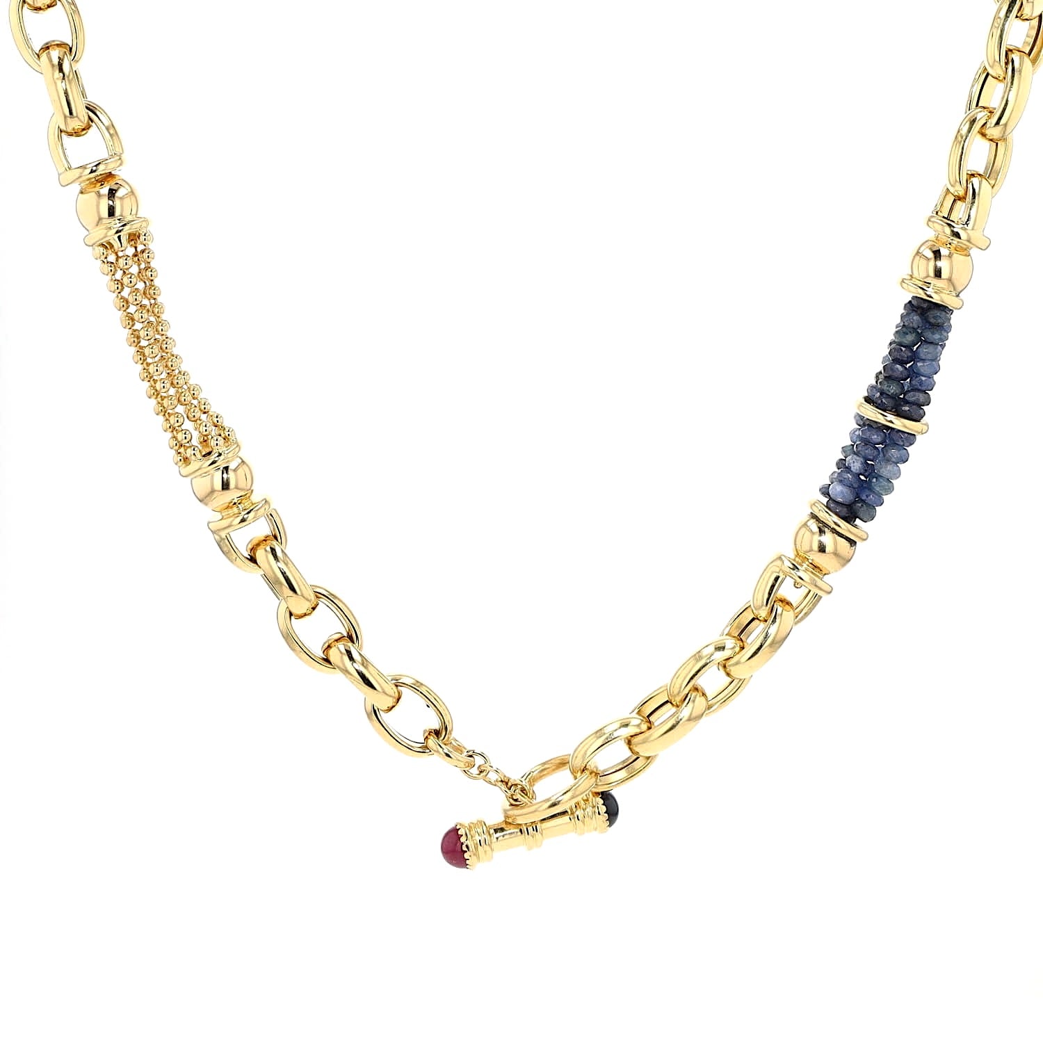 Exclusive Italian chain in 750 yellow gold with rubies and blue sapphire in cabochon cut, hanging front lock at the front