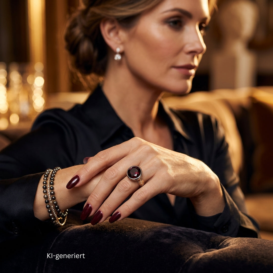 Statement Ring in 750er Gelb- und Weißgold mit einem Rubellit ca. 13 ct, an der Hand einer Ki-generierten Frau