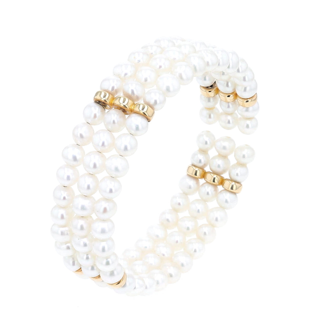 Bangle with 3 rows of cultured pearls and 585 gold elements, standing