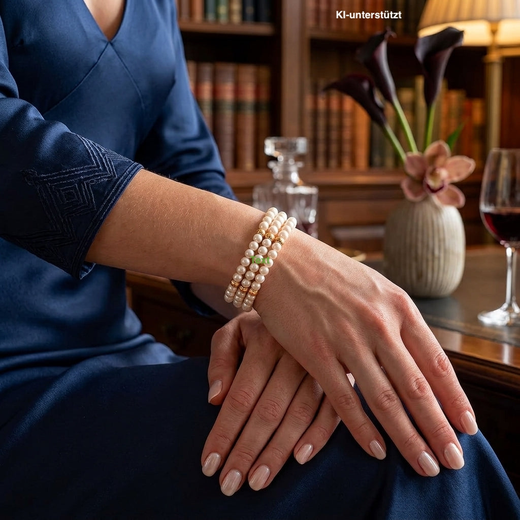 Bangle with 3 rows of cultured pearls and 585 gold elements, on an AI-generated woman in a blue dress