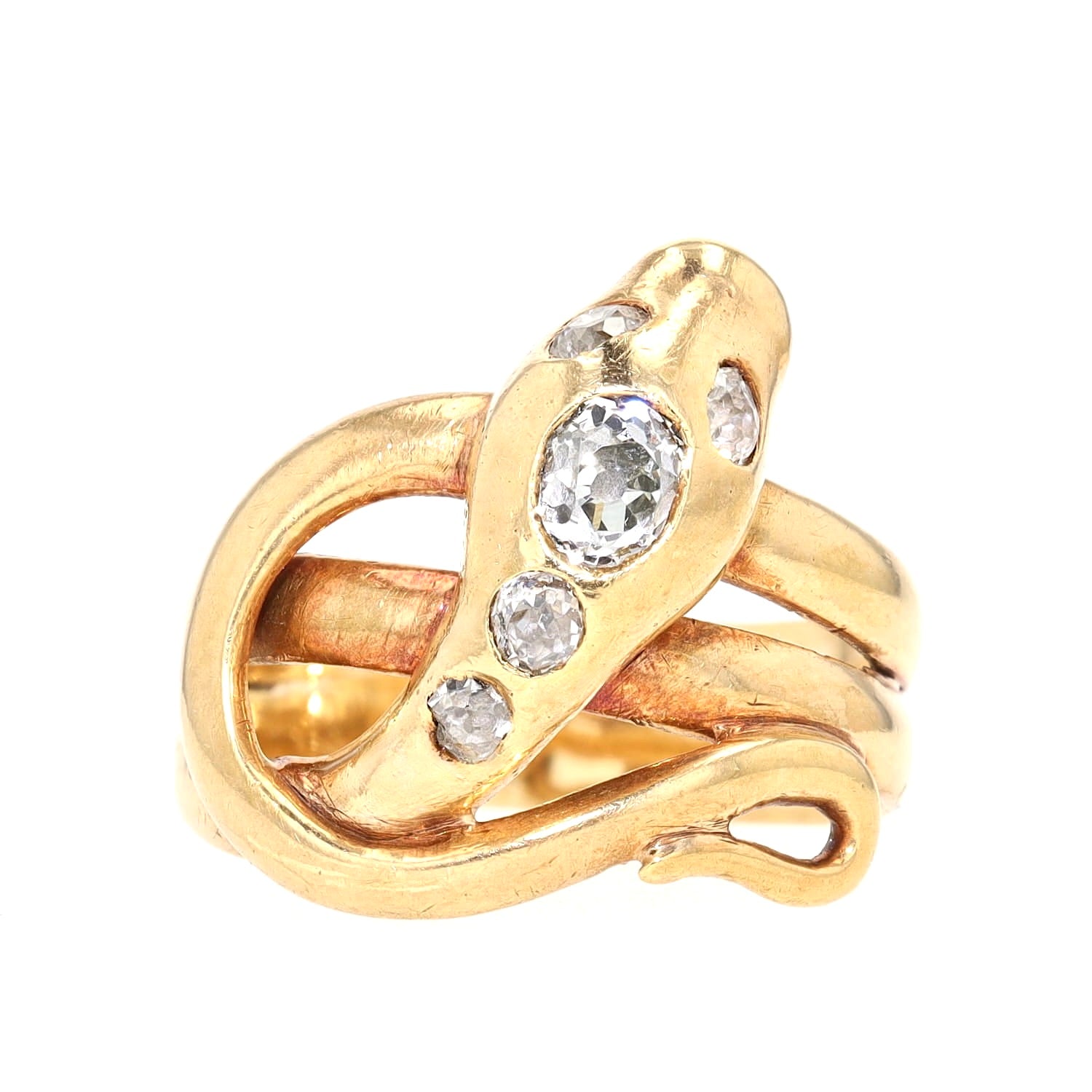 Antique snake ring in 750 yellow gold with diamonds, lying frontally