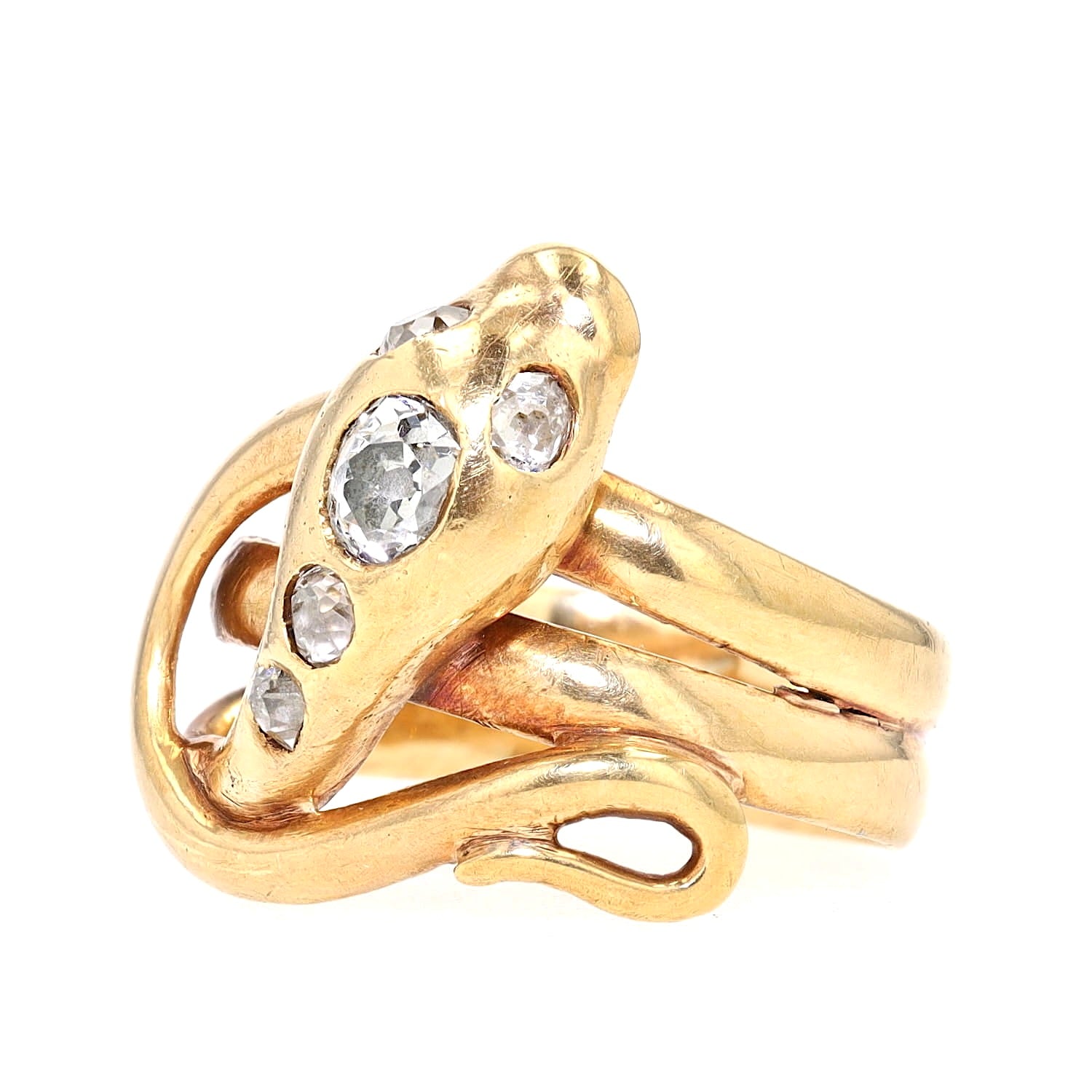 Antiker Schlangenring in 750er Gelbgold mit Diamanten, liegend links gedreht