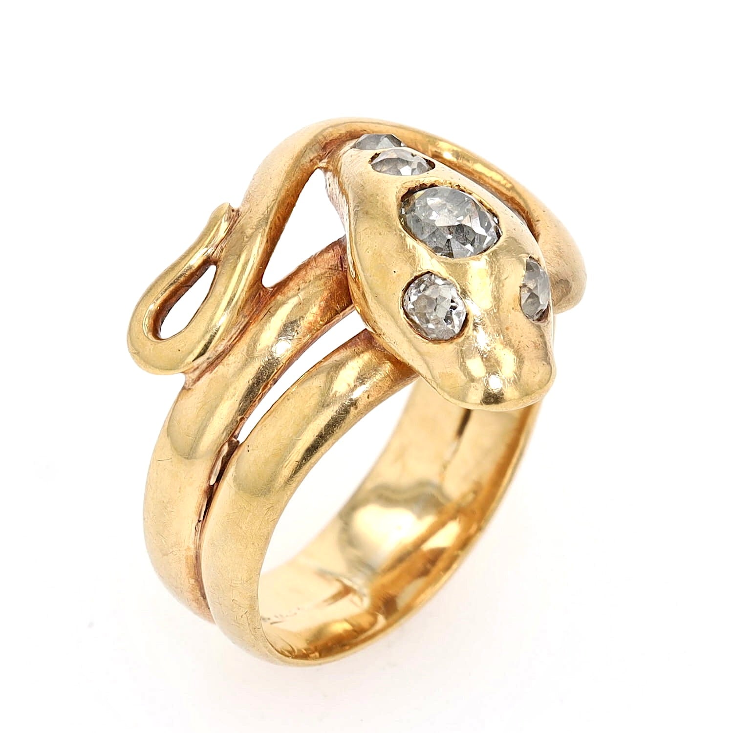 Antiker Schlangenring in 750er Gelbgold mit Diamanten, stehend