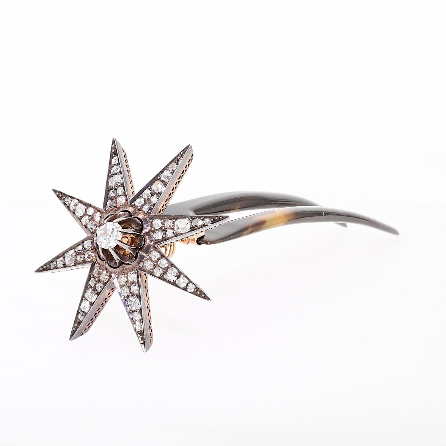 Antike Brosche und Haarnadel um 1880 aus 585er Rotgold und Silber mit zwei Haarnadeln, Brosche mit Hornnadel von vorne