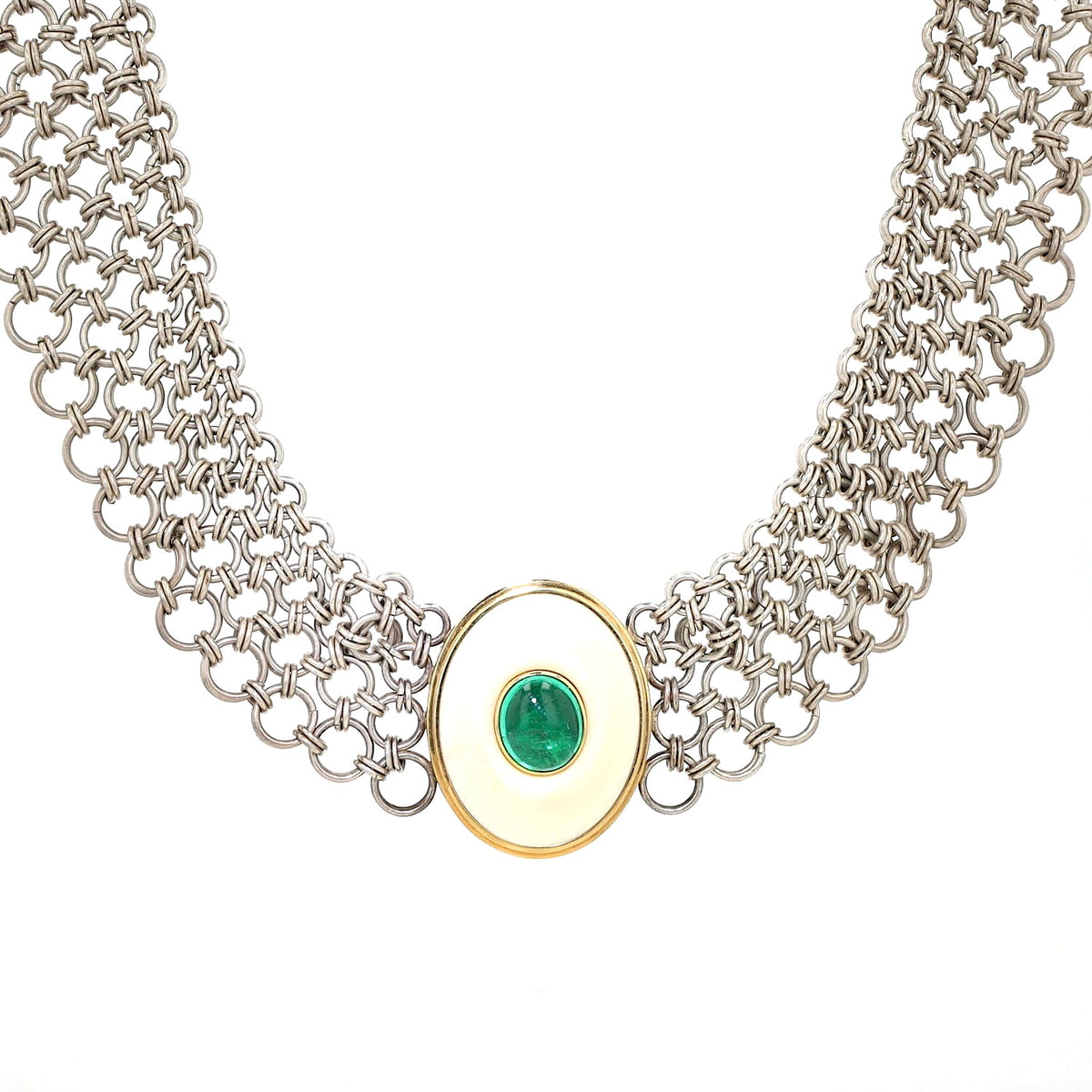 Vintage necklace made of silver, 750 yellow gold and a plate made of bone with an oval emerald cabochon, hanging frontally