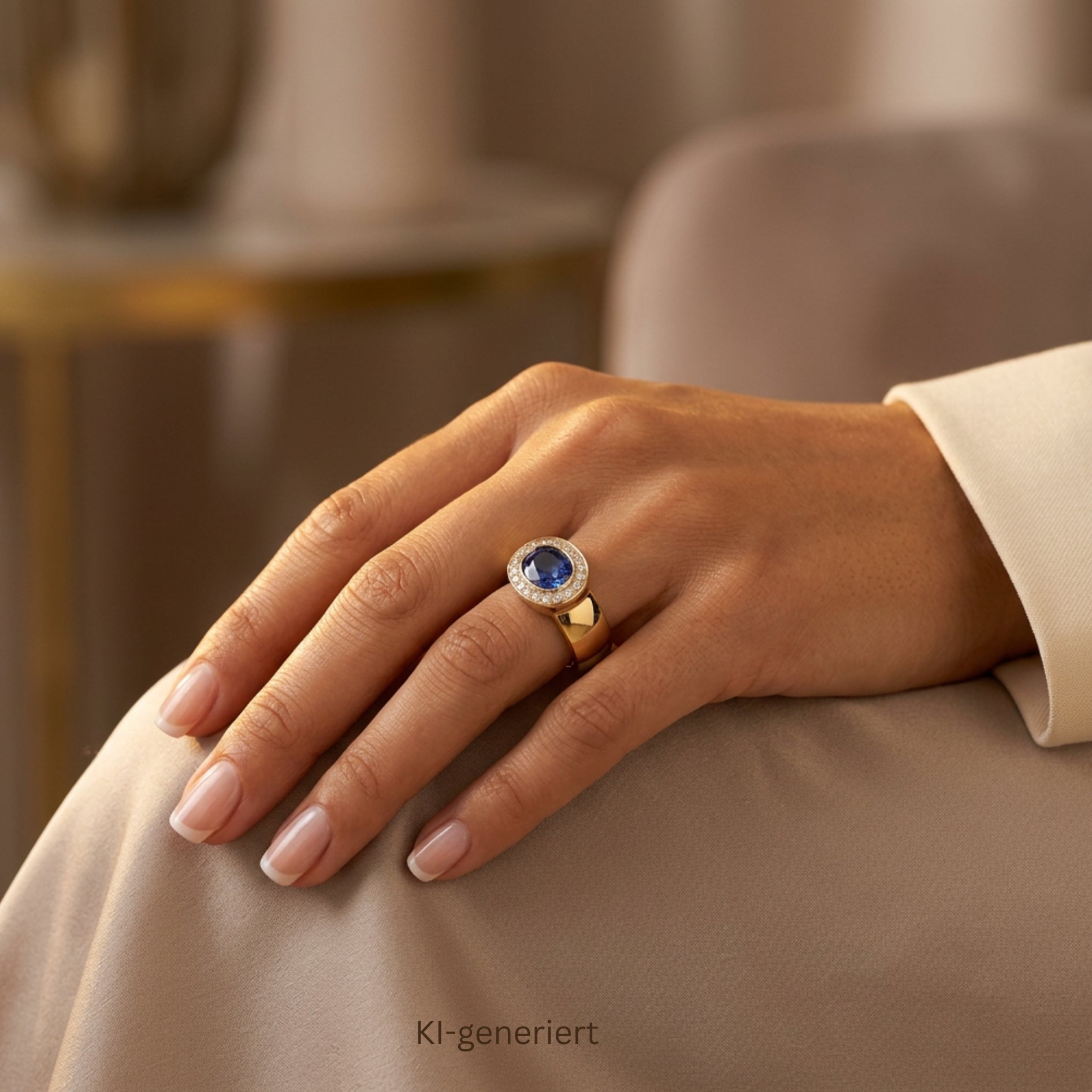 Juwelier Willer ring in 750 yellow gold Brilliants and a sapphire approx. 3.08 ct, on the hand of an AI-generated woman