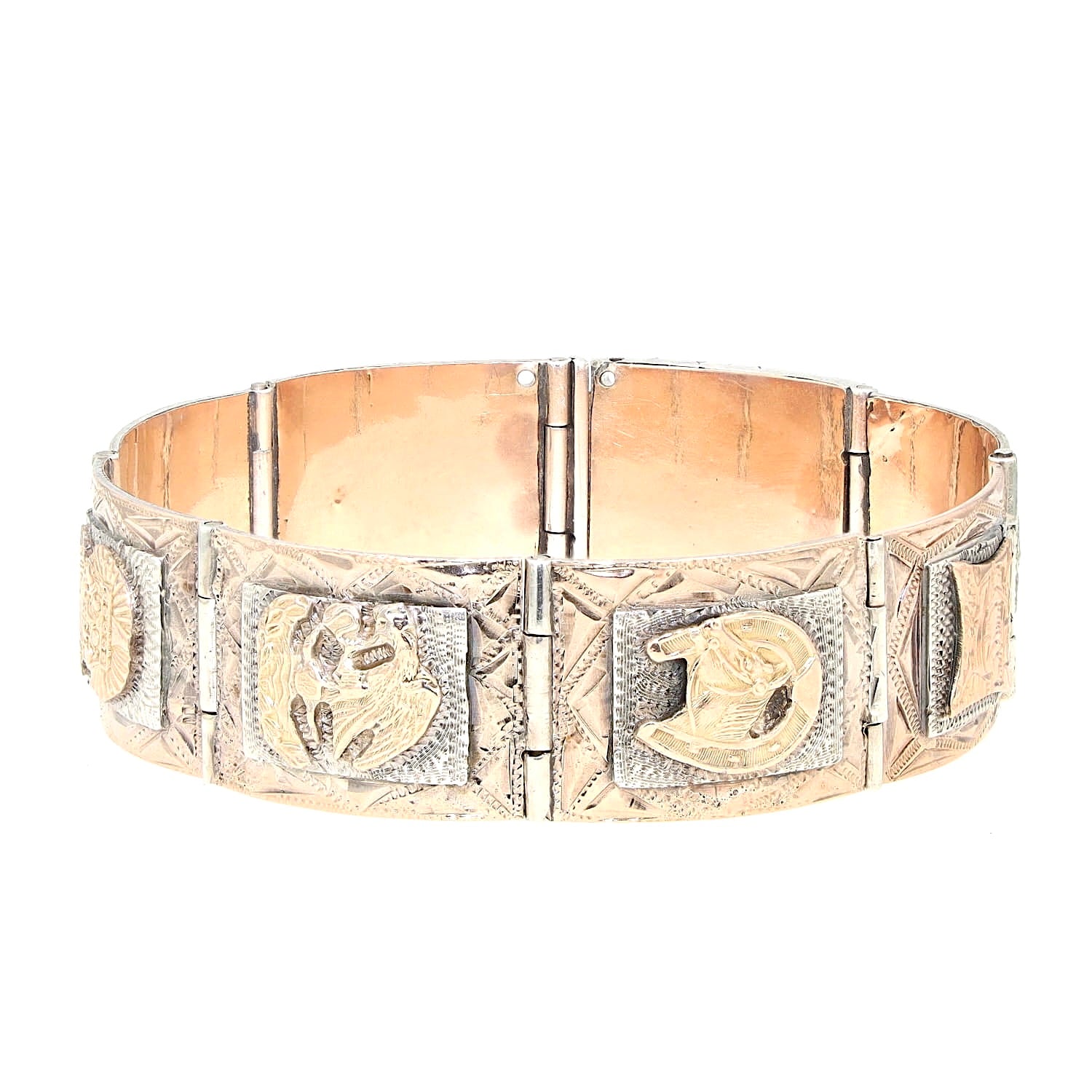 Ausgefallenes Vintage Armband in Silber und Gold, liegend geschlossen frontal