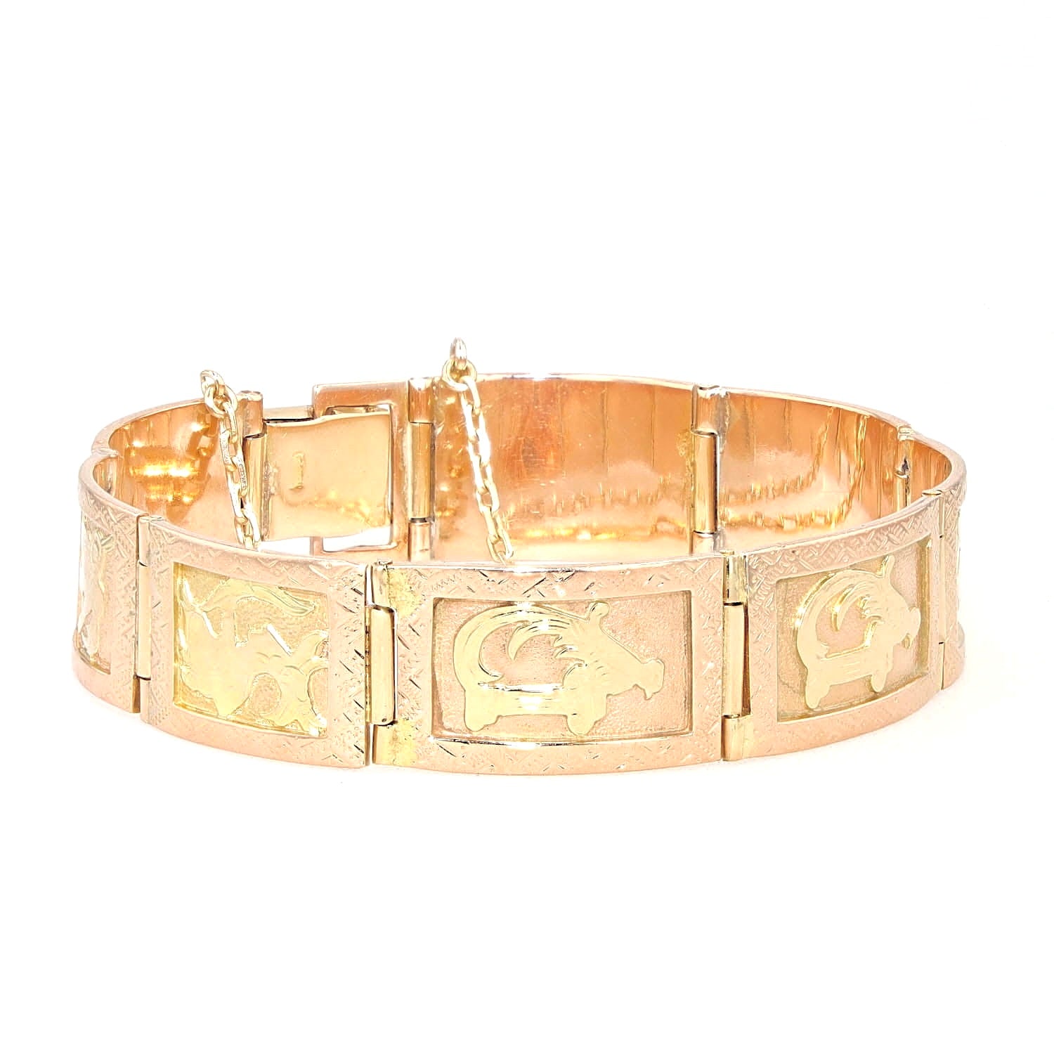 Vintage Armband in 585er Rotgold mit verschiedenen Motiven,liegend frontal rechts gedreht