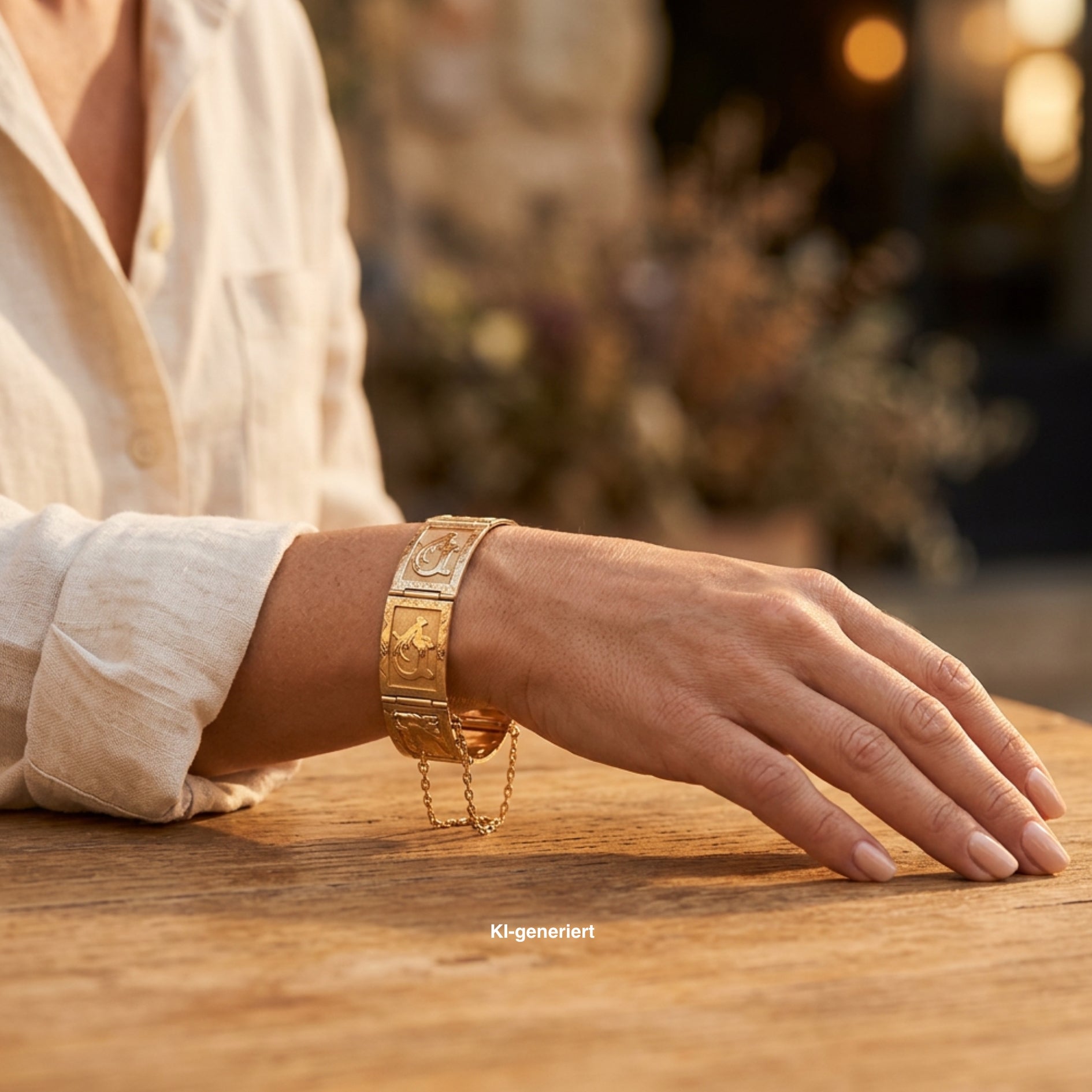 Vintage Armband in 585er Rotgold mit verschiedenen Motiven,am Handgelenk einer KI-generierten Frau