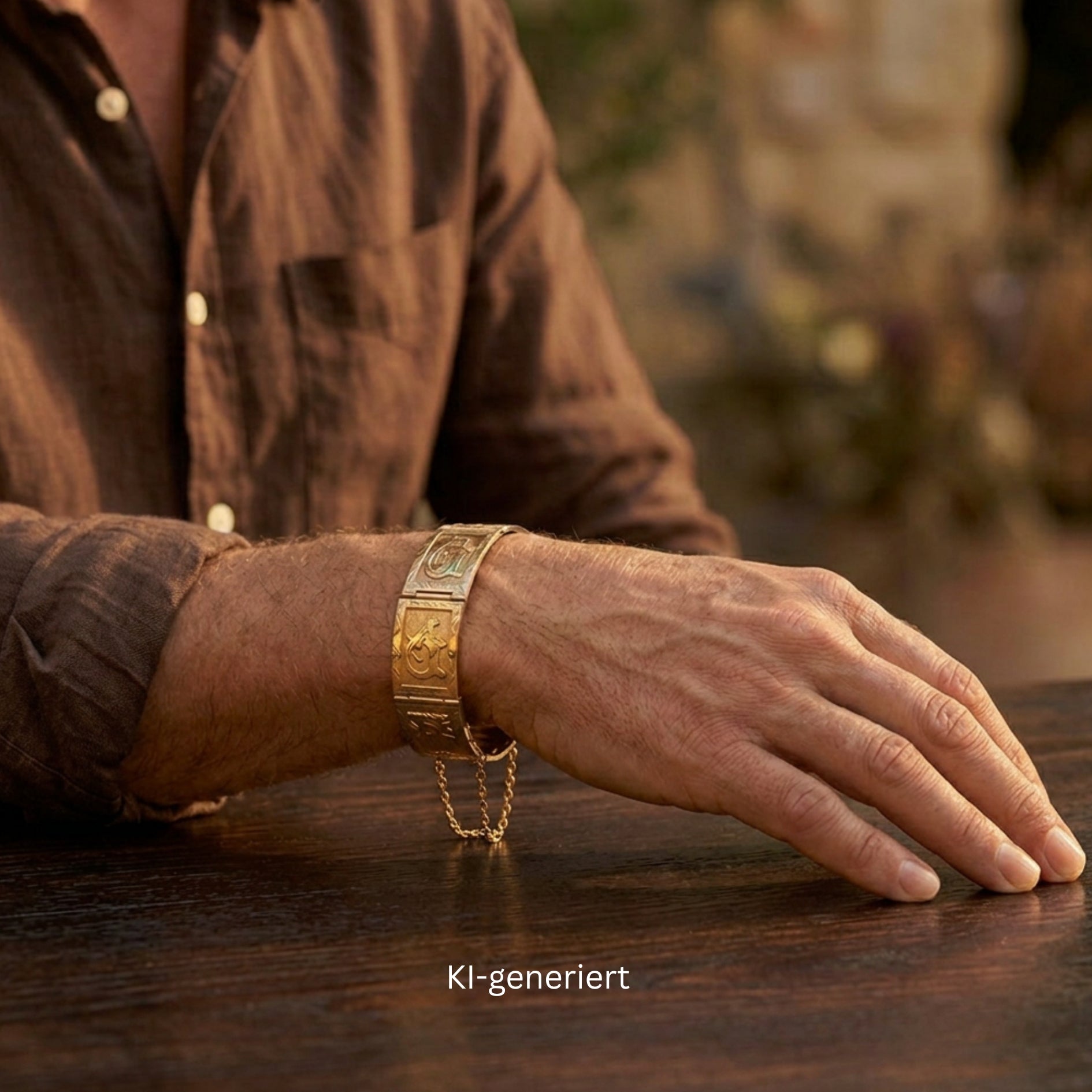 Vintage Armband in 585er Rotgold mit verschiedenen Motiven, am Handgelenk eines KI-generierten Mannes
