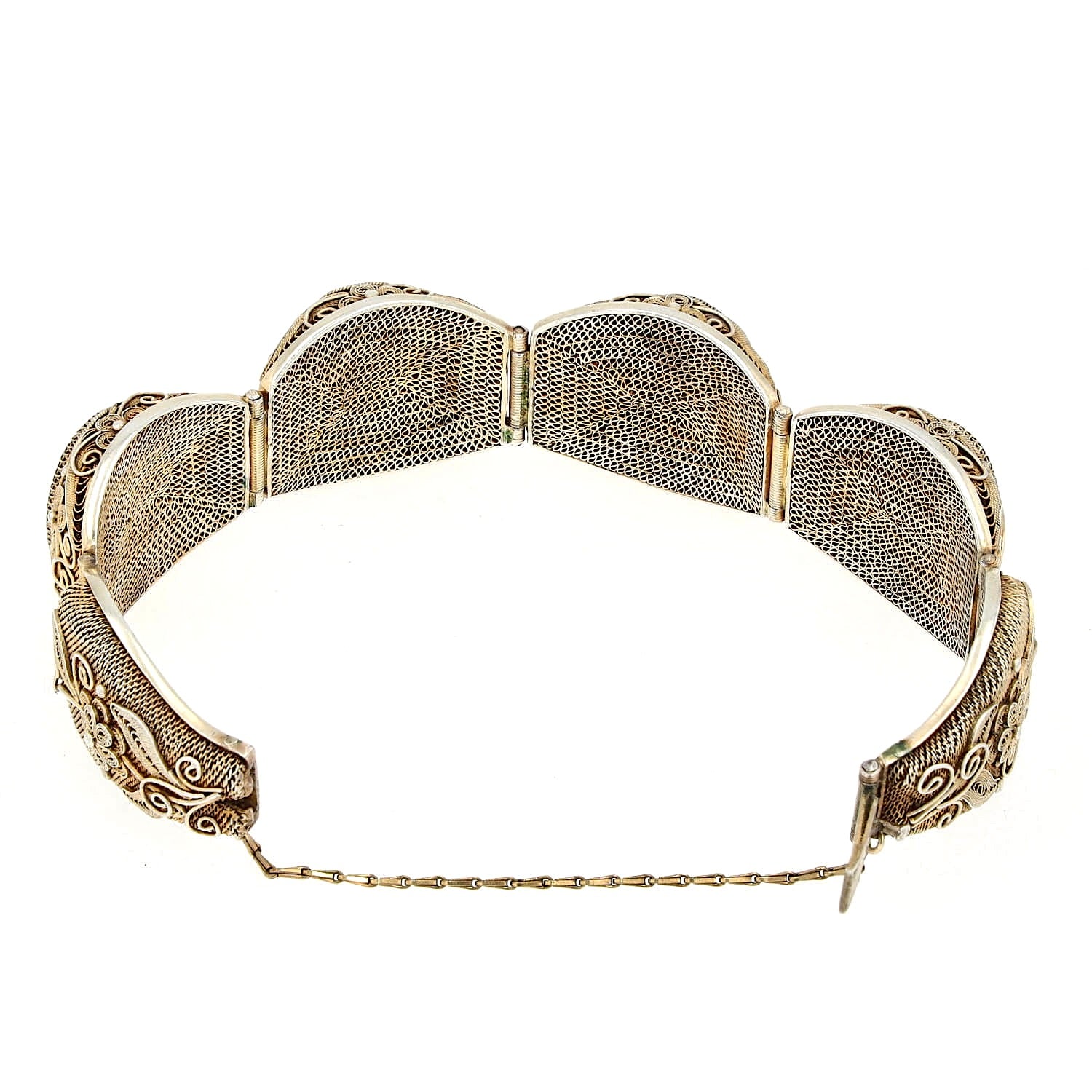 Chinese bracelet from around 1900 in silver, gold-plated with bone, lying half open view from the back