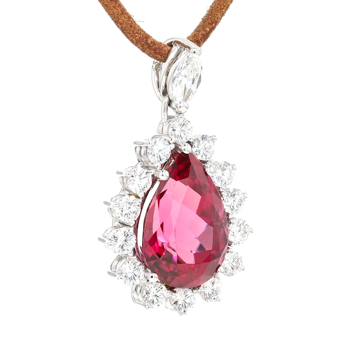 Pendant in 750 white gold with a rubellite, Brilliants and a diamond, hanging slightly clockwise