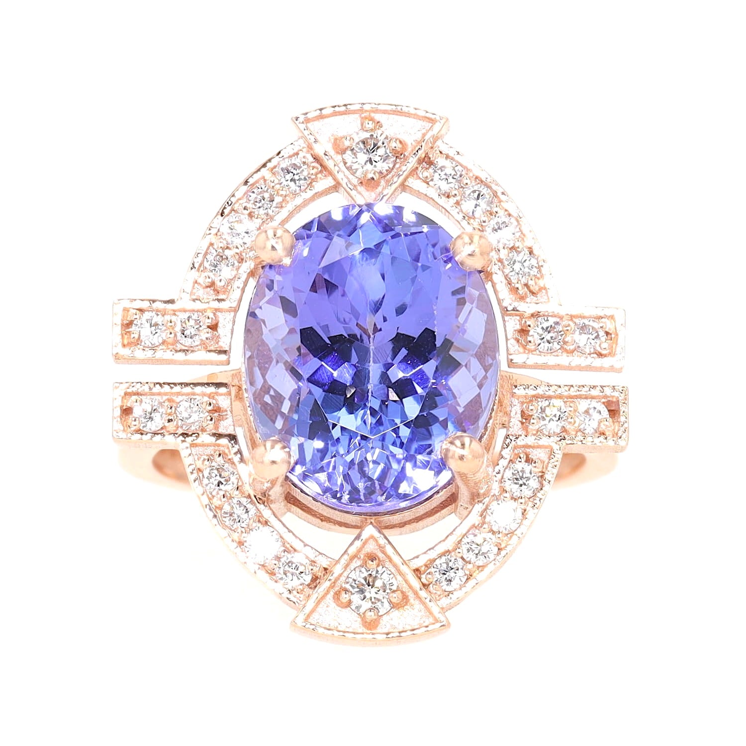 Ring in 585er Roségold mit einem Tansanit und Brillanten, liegend frontal