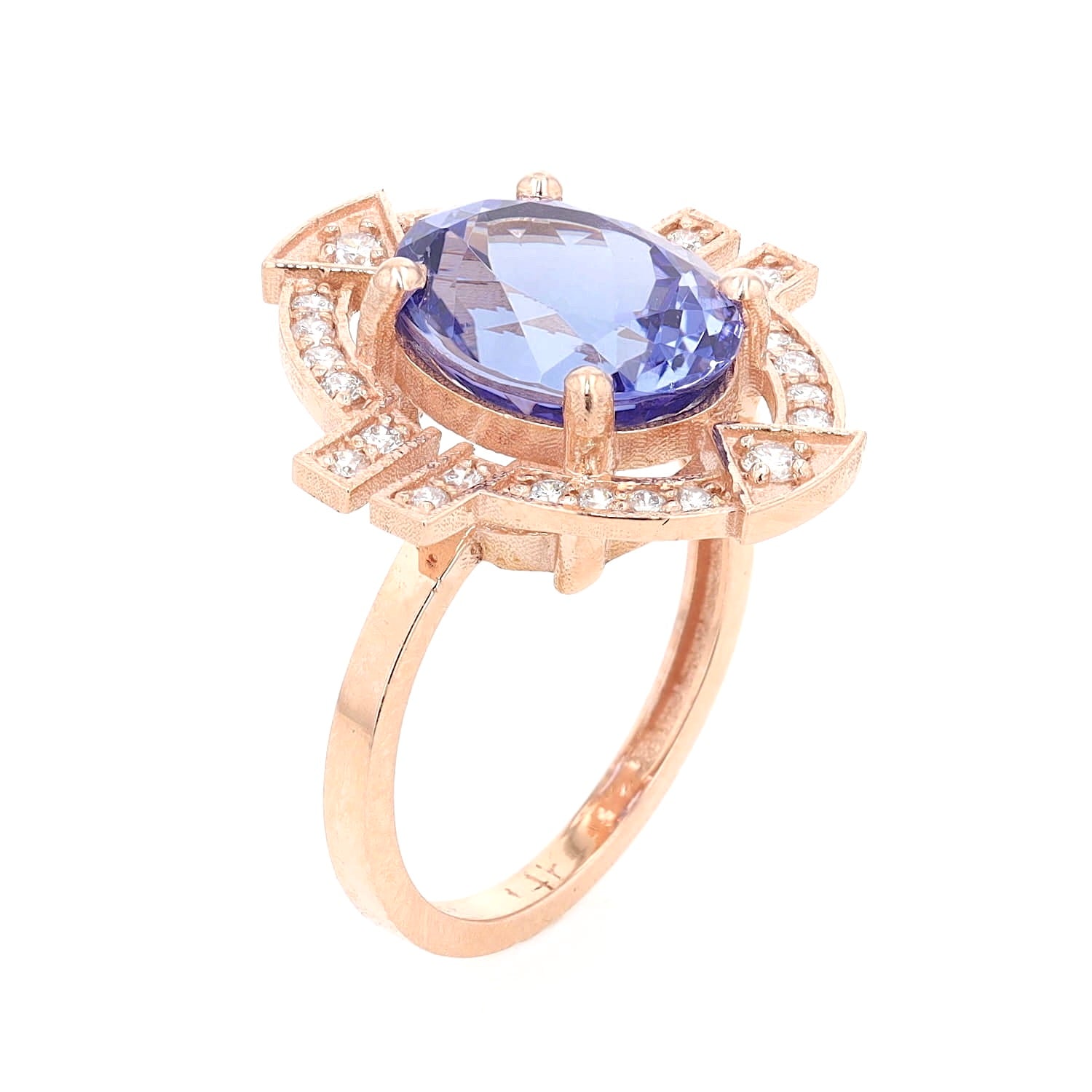 Ring in 585er Roségold mit einem Tansanit und Brillanten, stehend