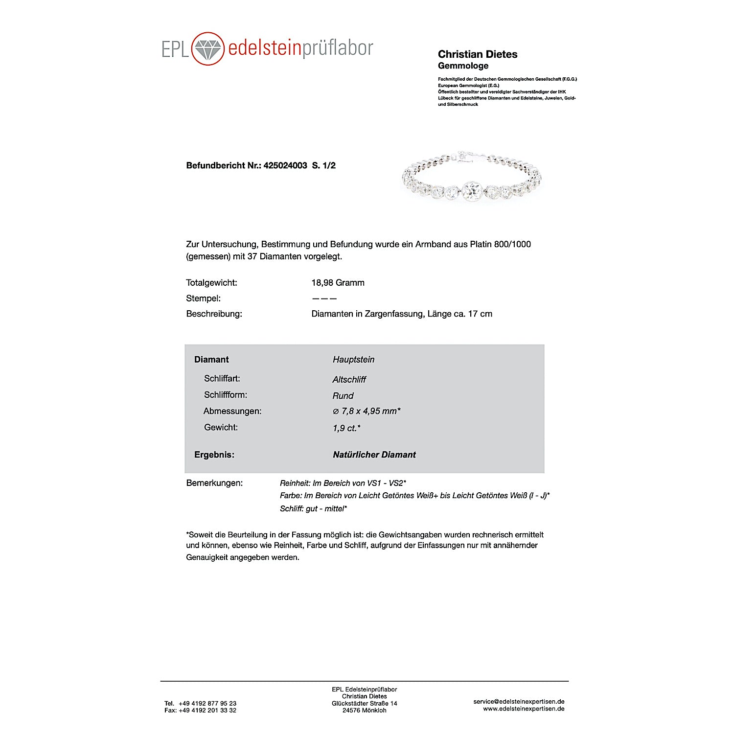 Art Deco Tennisarmband in Platin mit insgesamt ca. 9,3 ct Diamanten, Expertise Seite 1