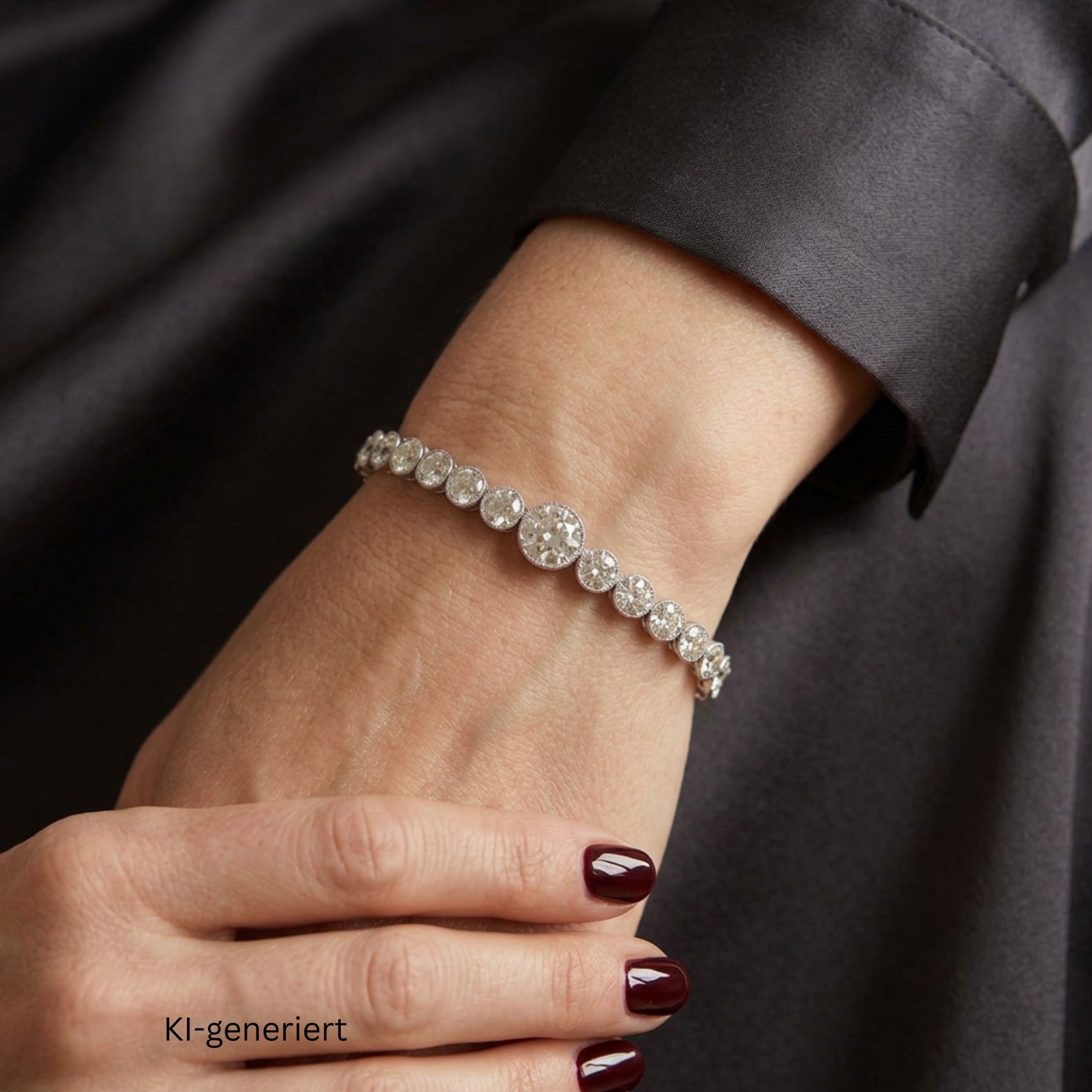 Art Deco Tennisarmband in Platin mit insgesamt ca. 9,3 ct Diamanten, am Handgelenk einer Ki-generierten Frau