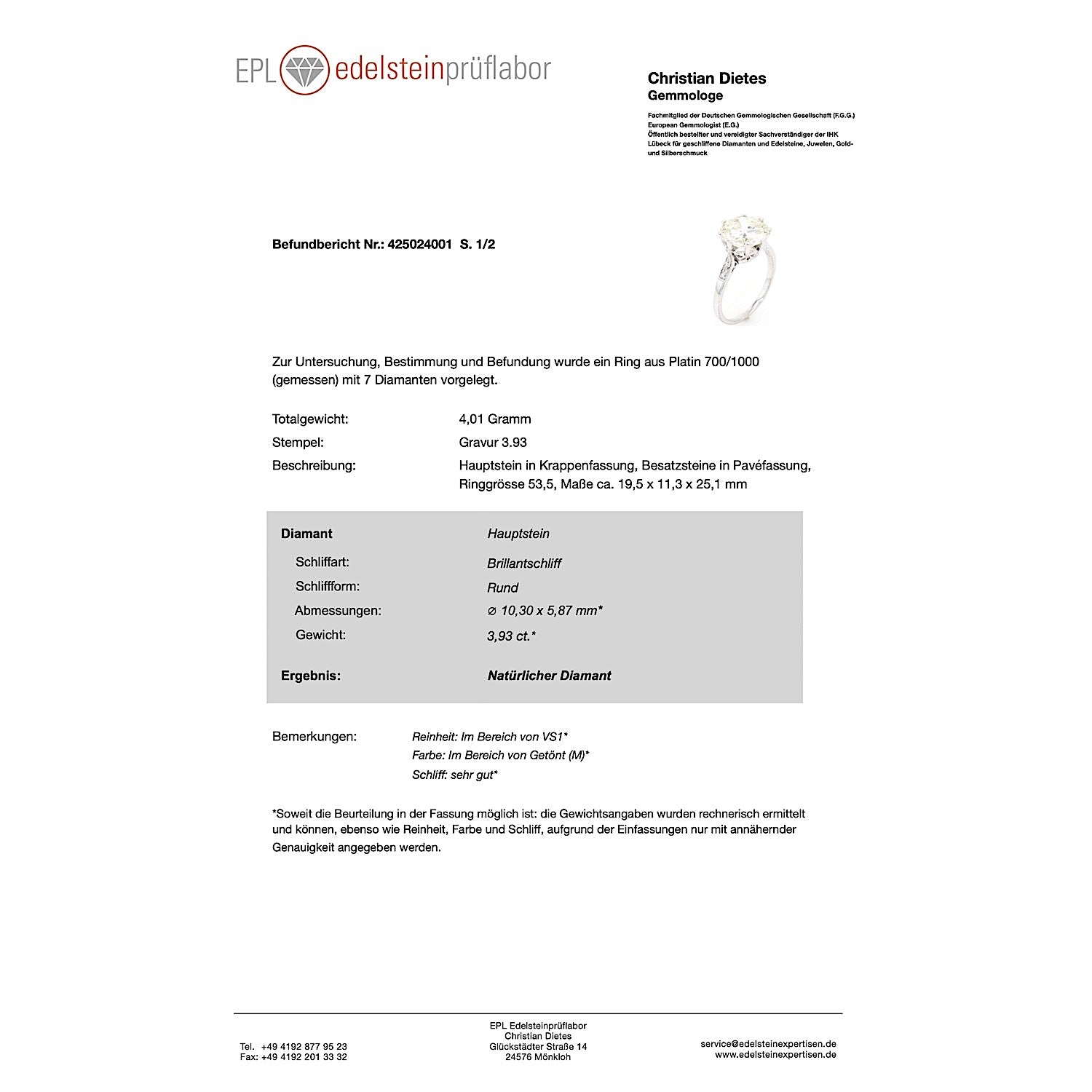 Exklusiver Art Deco Ring in Platin mit einem Brillanten ca. 3,93 ct und Diamanten, Gutachten Teil 1