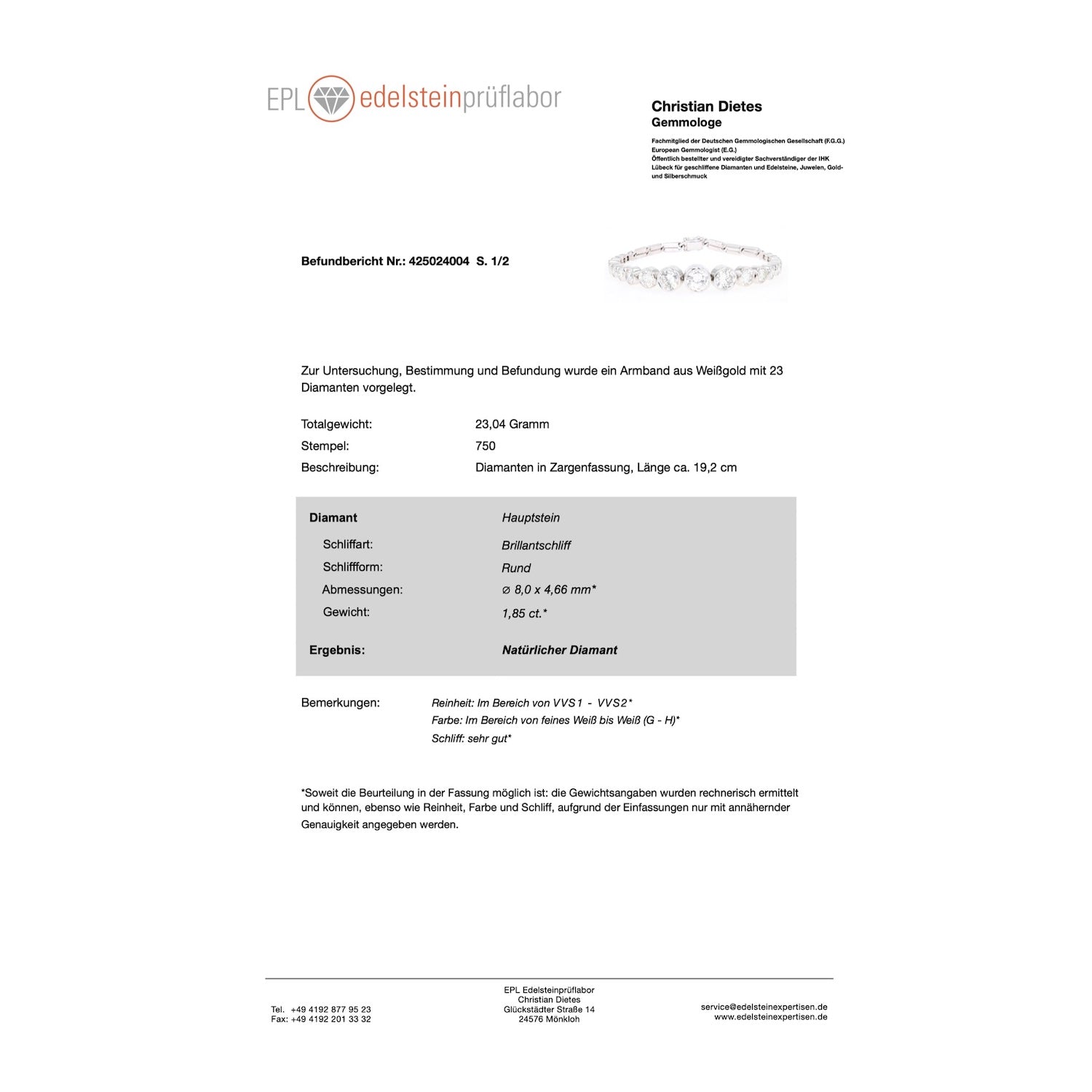 Exklusives Vintage Tennisarmband in 750er Weißgold mit insgesamt ca. 10,9 ct Brillanten in sehr guter Qualität, Befundbericht Teil 1