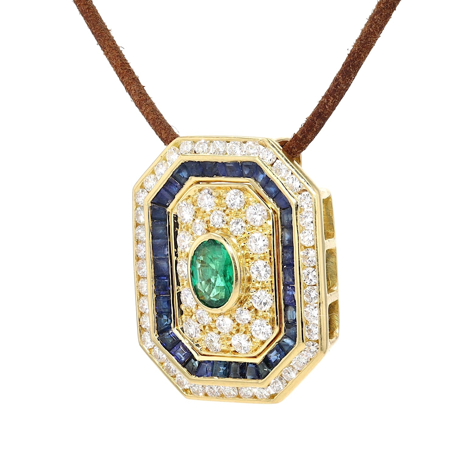 Anhänger in 750er Gelbgold mit Brillanten, blauen Saphiren und einem Smaragd, hängend links gedreht