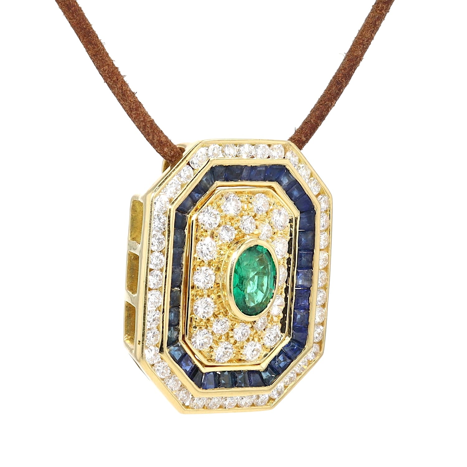 Pendant in 750 yellow gold Brilliants, blue sapphires and an emerald, hanging turned to the right