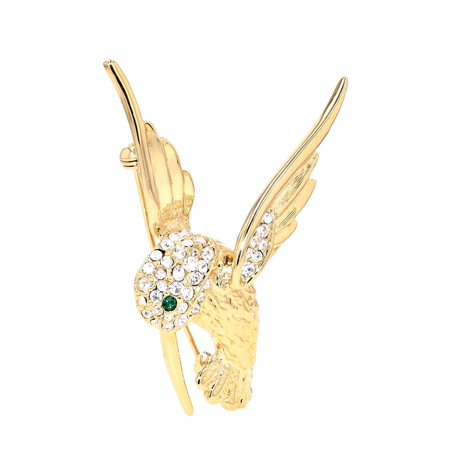 Gold-plated fashion jewelry brooch in the shape of a hummingbird with glass stones, standing turned to the right