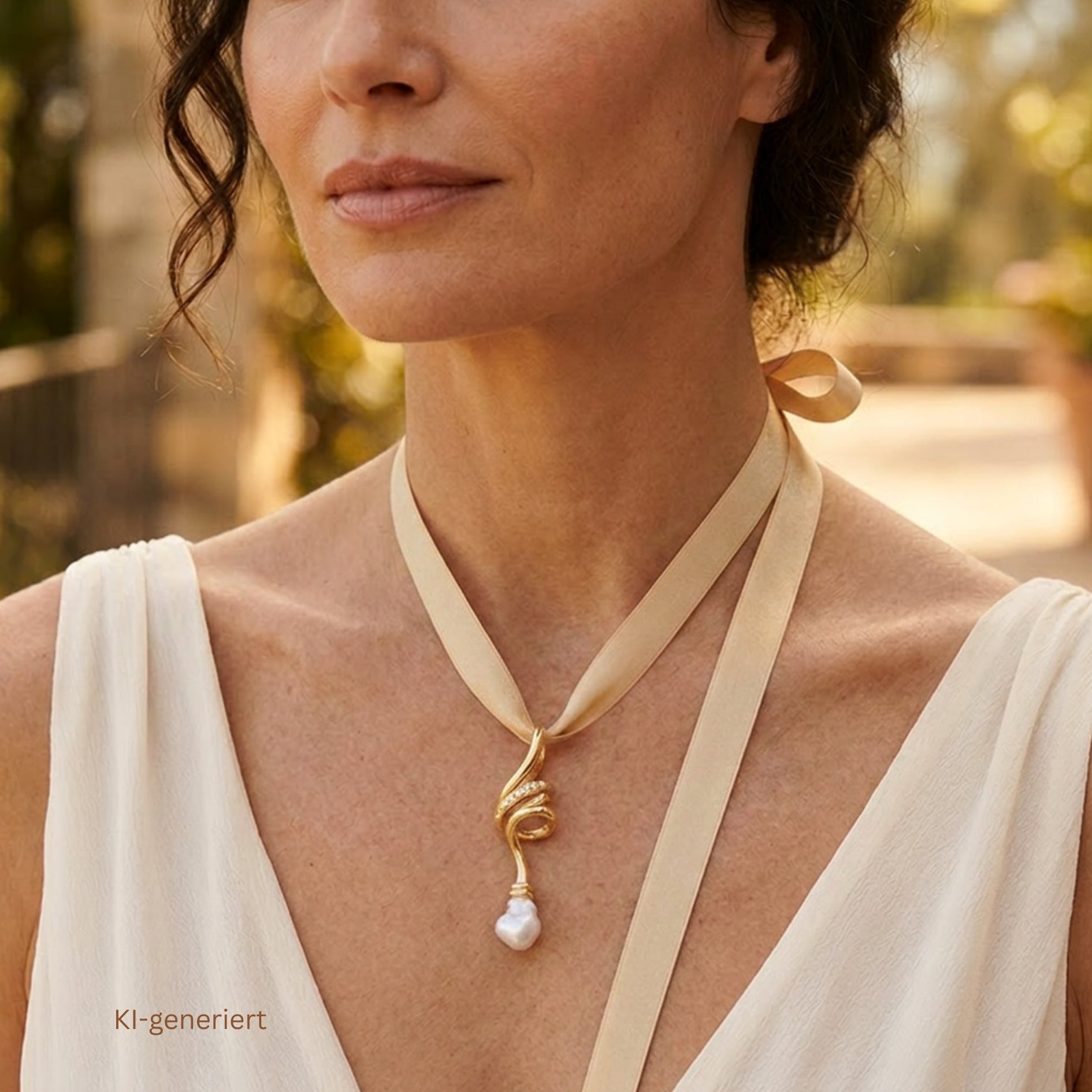 Large pendant in 750 yellow gold with a South Seacultured pearl and Brilliants, on a Ki-generated woman in a white summer dress
