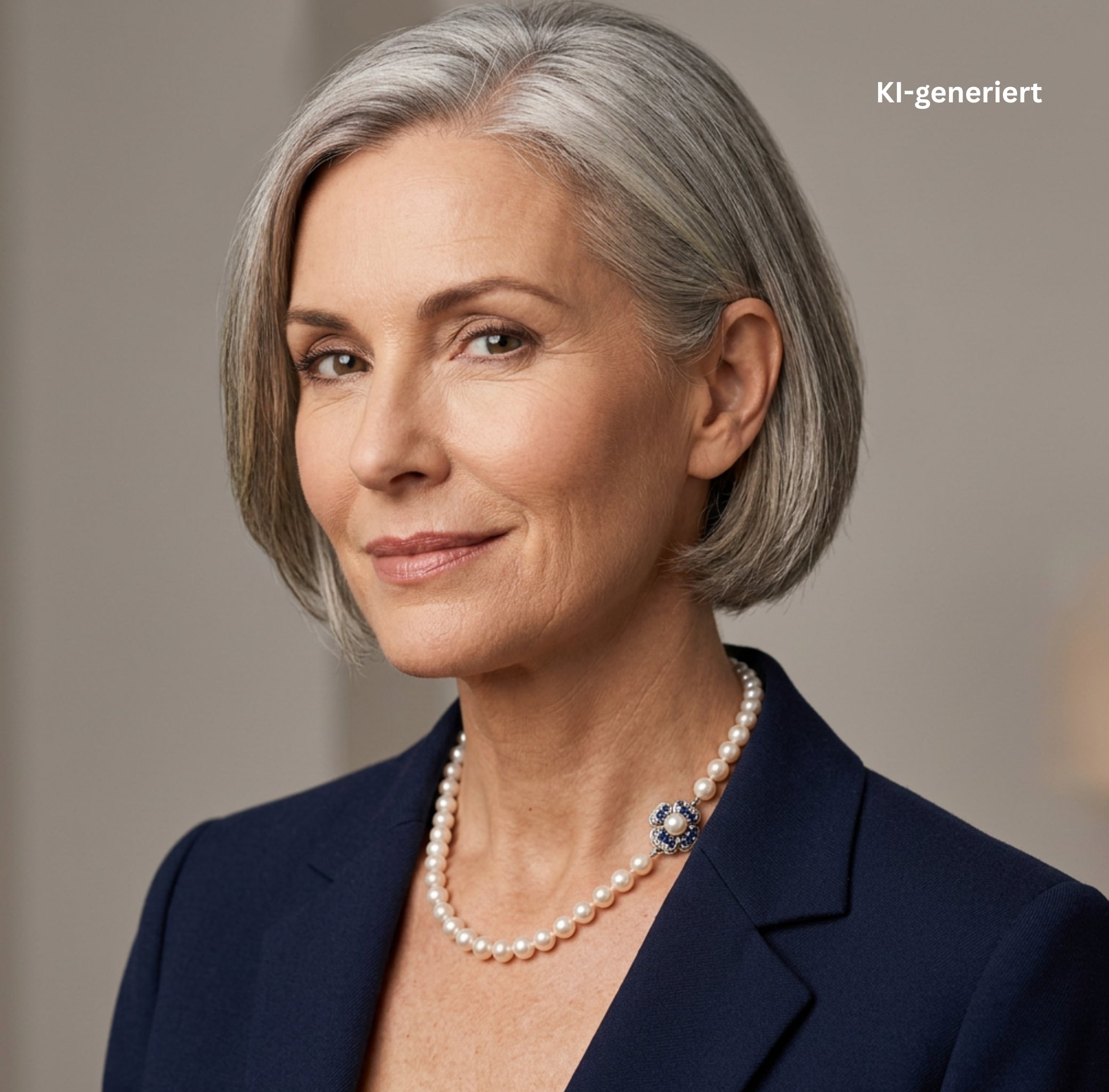 Cultured pearl necklace with a lock made of 585 white gold with a cultured pearl and blue sapphires, on an AI-generated woman