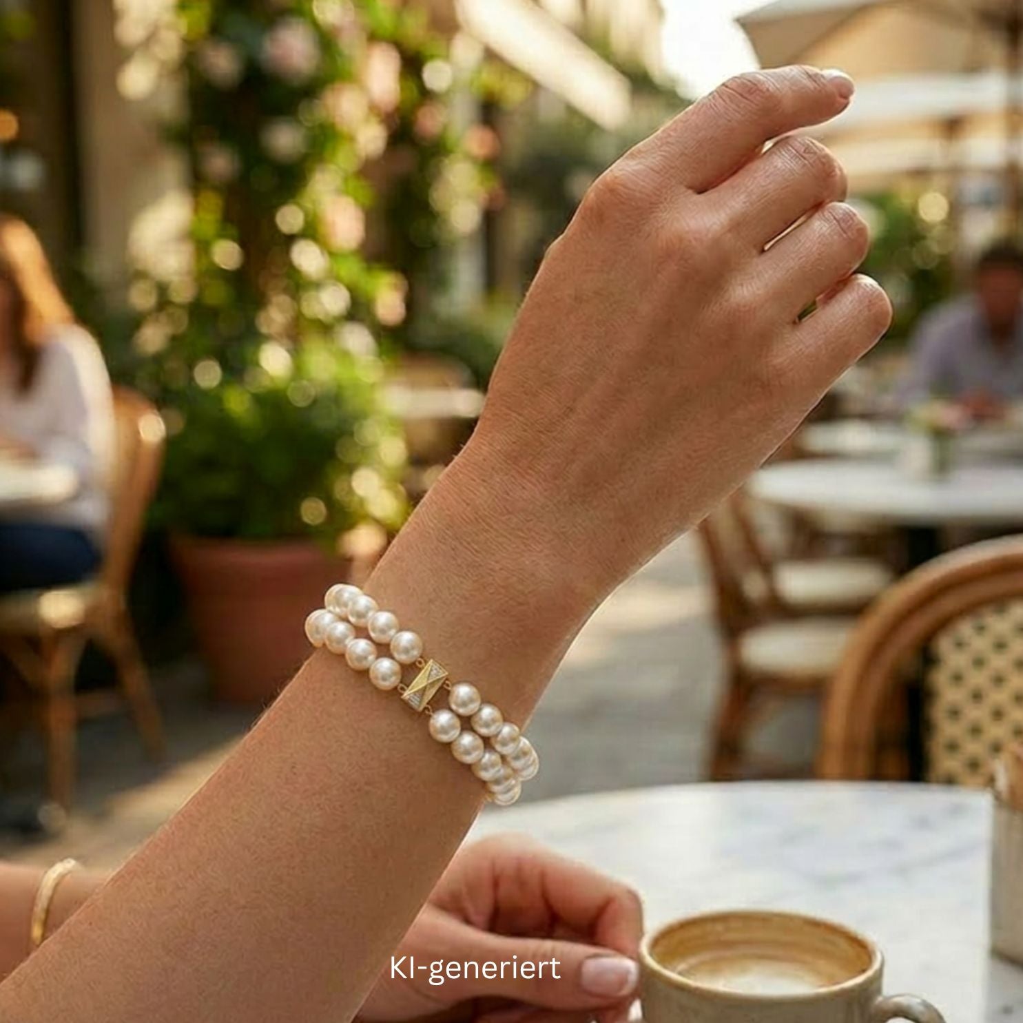 Akoya-Zuchtperlenarmband in zwei Reihen mit einem Schloss und Goldelementen aus 585er Gelbgold mit Diamanten, am Handgelenk einer Ki-genrieten Frau