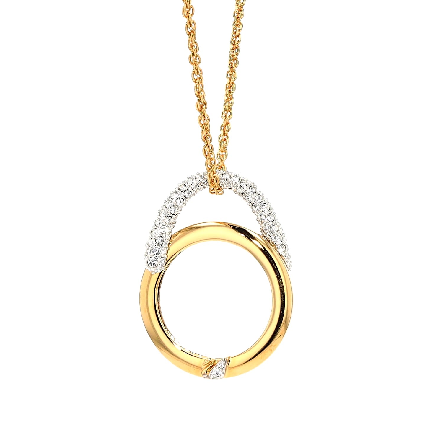 Swarovski necklace with a pendant in the shape of a magnifying glass with Swarovski crystals, hanging frontally