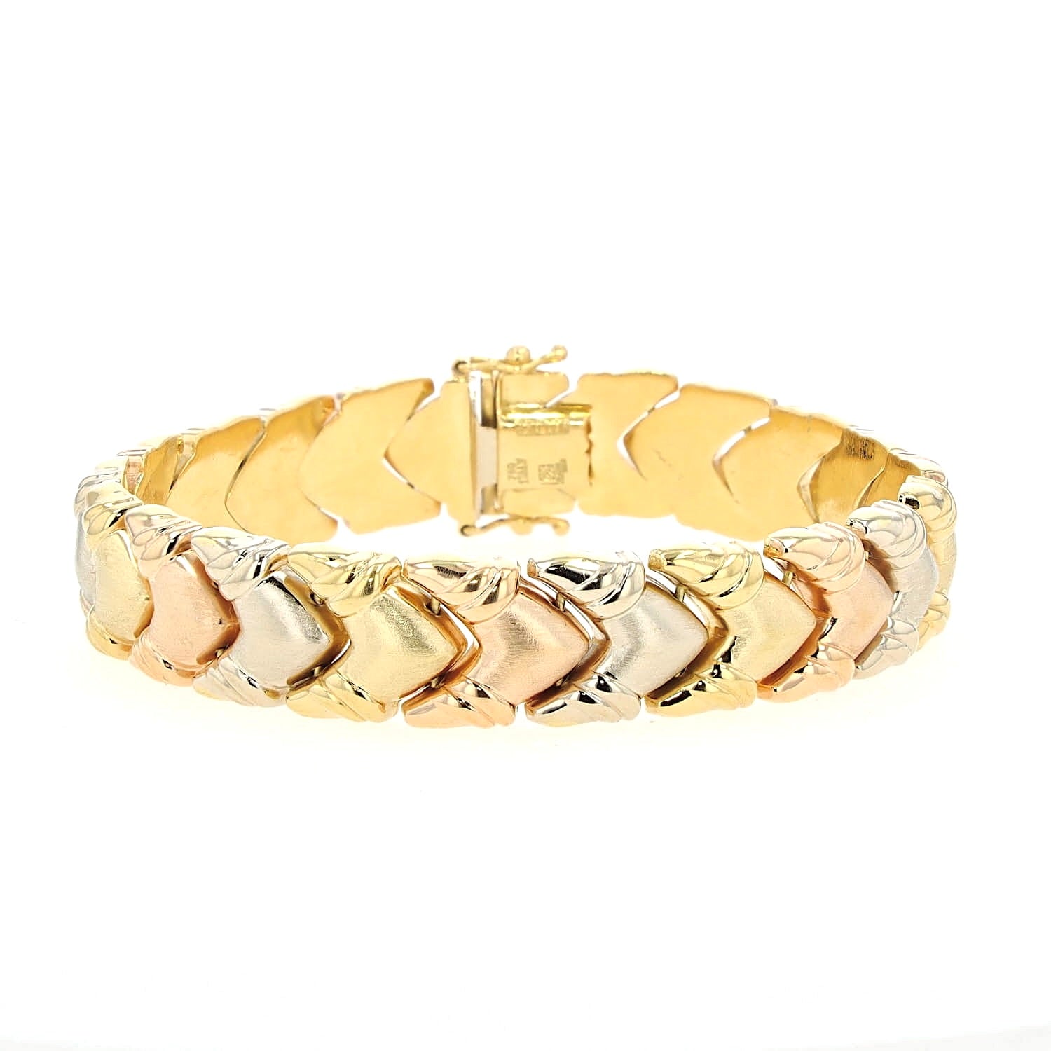 Vintage bracelet in 750 tricolor gold, lying closed at the front