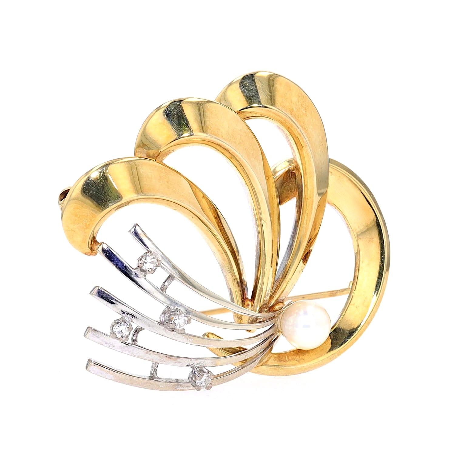 Franz Breuning brooch in 585 yellow and white gold with diamonds and an Akoyacultured pearl, standing turned to the right