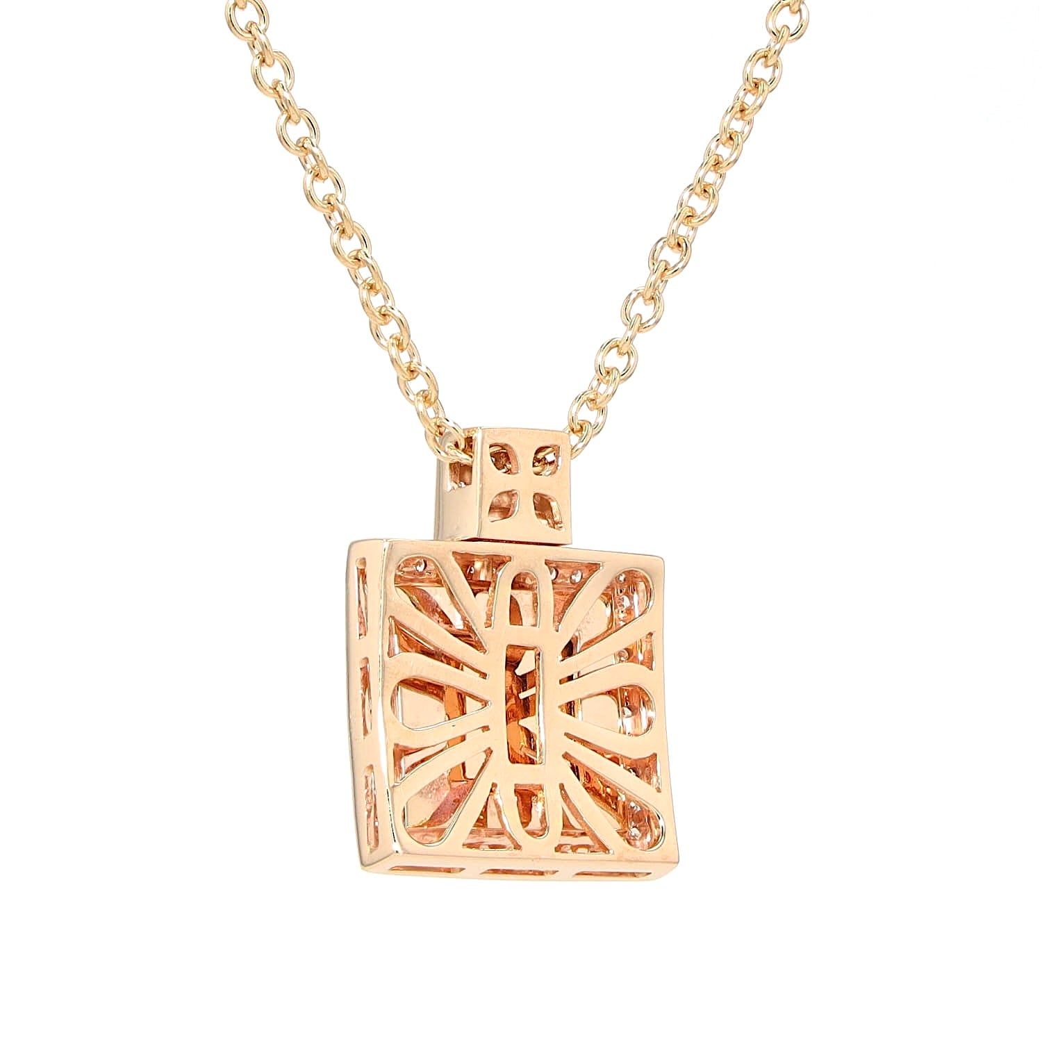 Italienisches Collier in 750er Roségold mit Brillanten und einem Rutil-Quarz, hängend Rückseite Nahaufnahme
