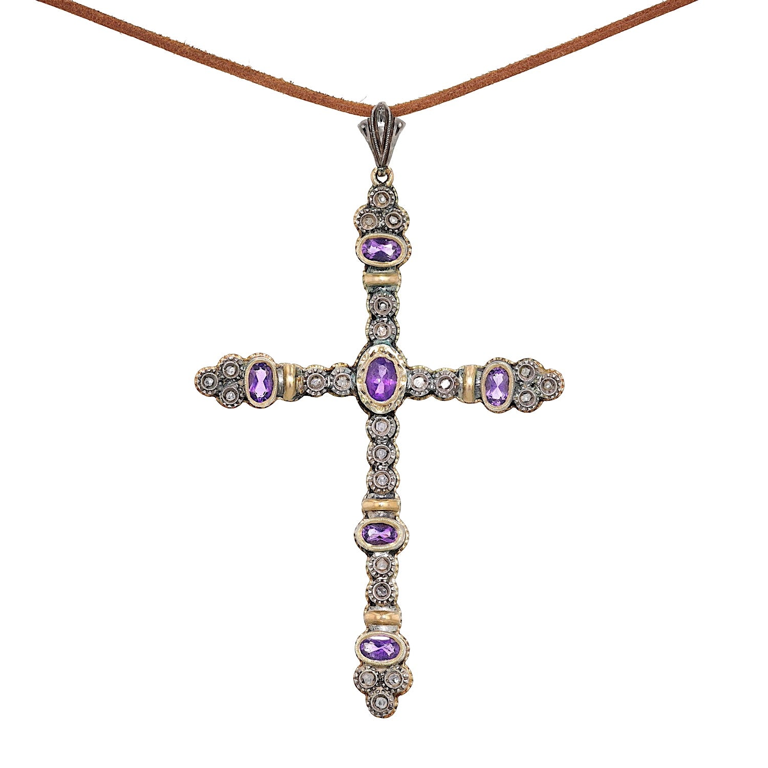 Großer Kreuz-Anhänger um 1910 in 585er Gold, Silber mit Amethysten und Diamanten