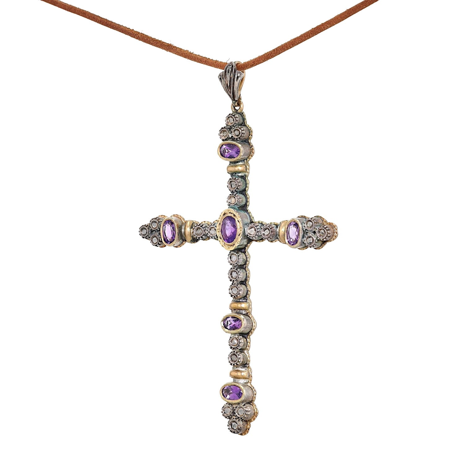 Großer Kreuz-Anhänger um 1910 in 585er Gold, Silber mit Amethysten und Diamanten