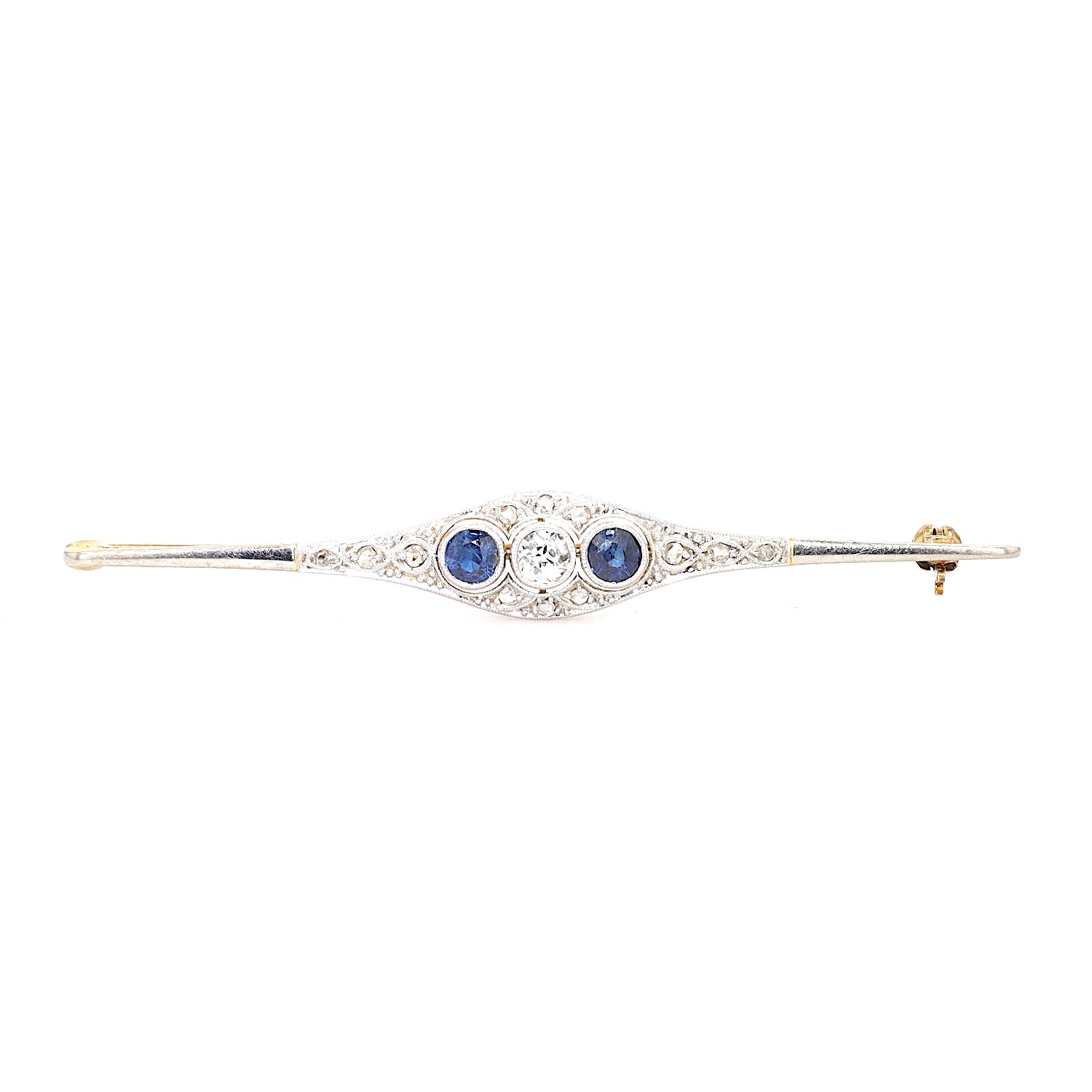 Art Déco brooch in 585 gold and platinum with diamonds and sapphires