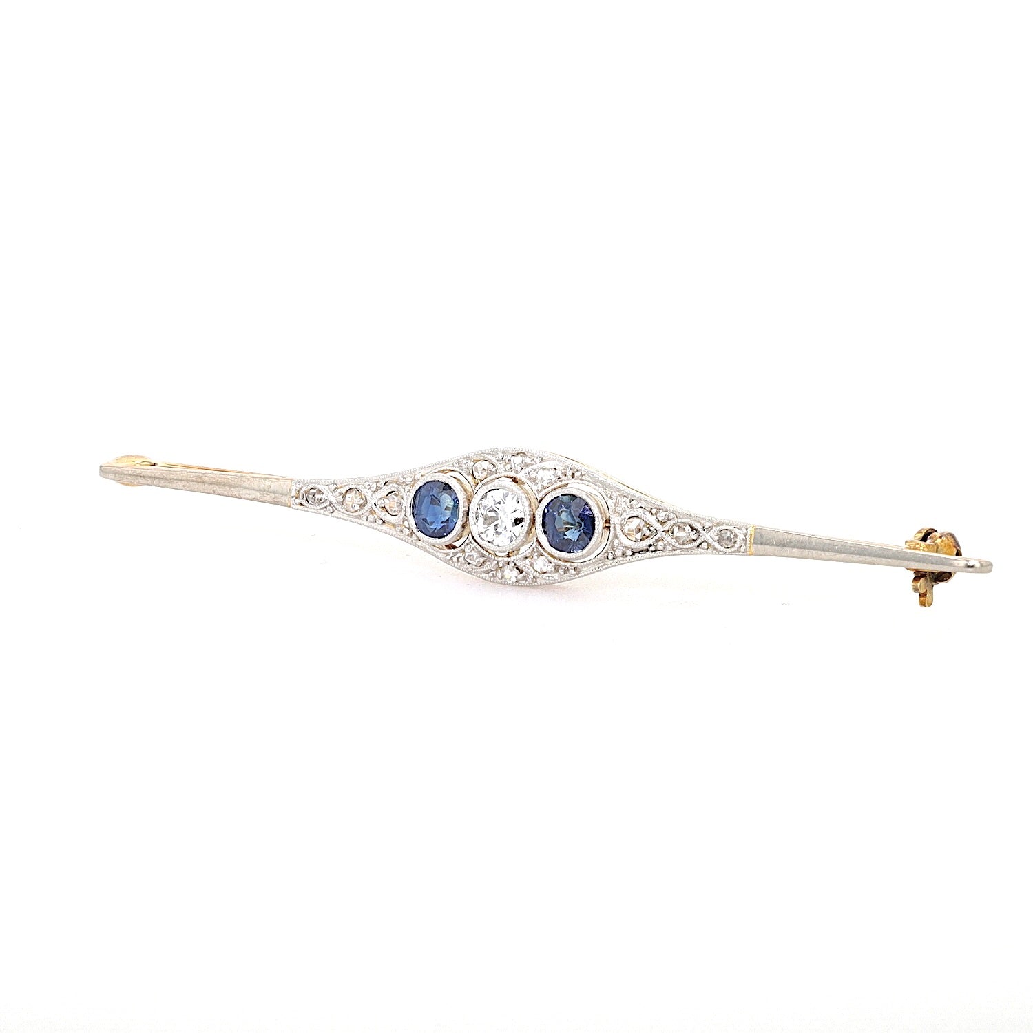 Art Déco brooch in 585 gold and platinum with diamonds and sapphires