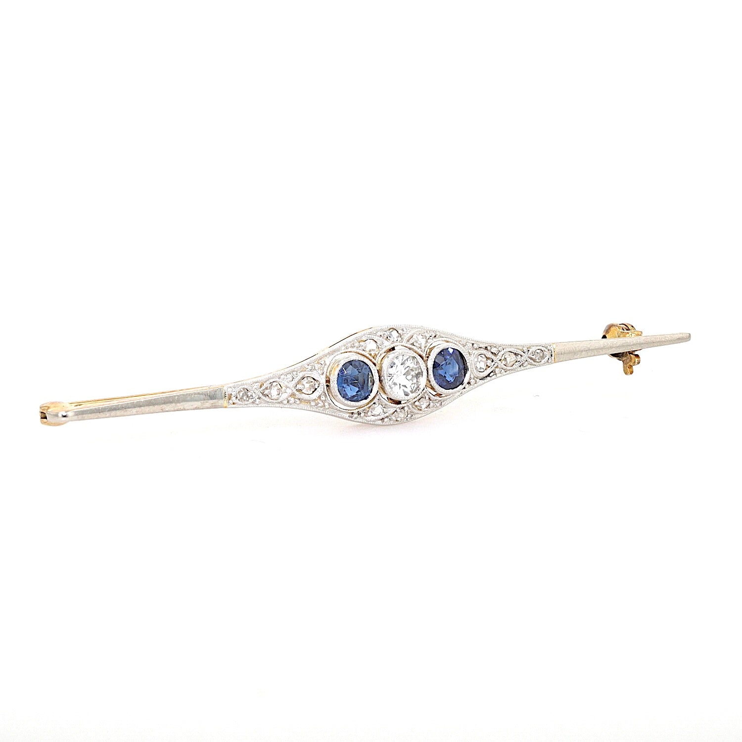 Art Déco brooch in 585 gold and platinum with diamonds and sapphires