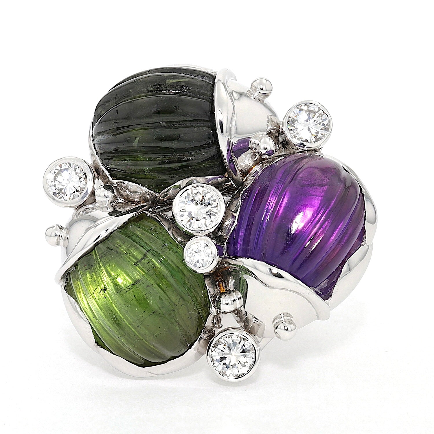 Ring in 750 gold rhodium-plated with amethyst, tourmalines and brilliants, lying frontal