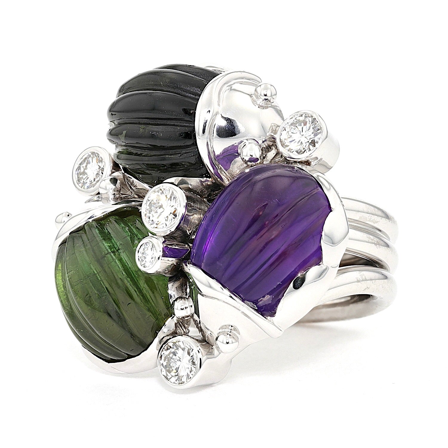 Ring in 750 gold rhodium-plated with amethyst, tourmalines and brilliants, turned horizontally to the left