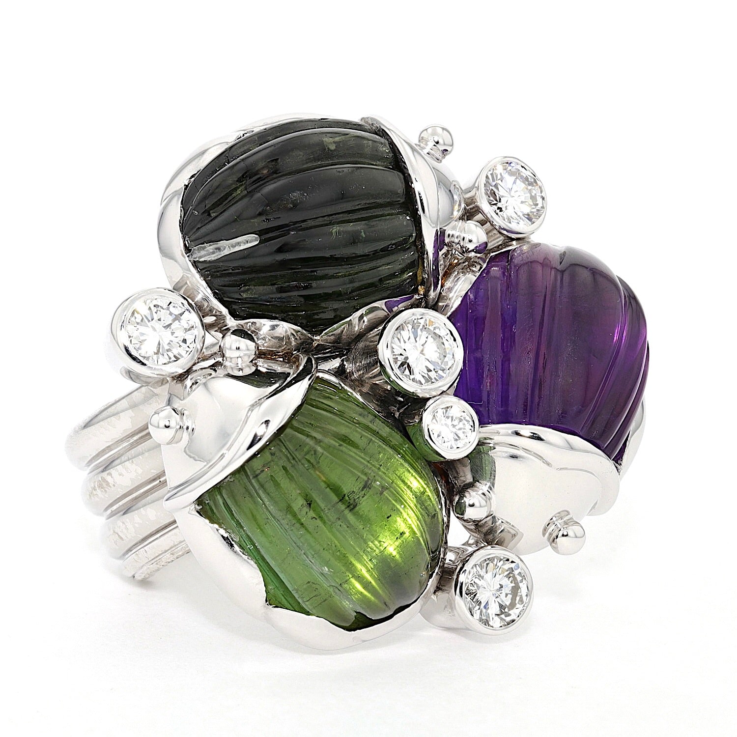 Ring in 750 gold rhodium-plated with amethyst, tourmalines and brilliants, turned horizontally to the right