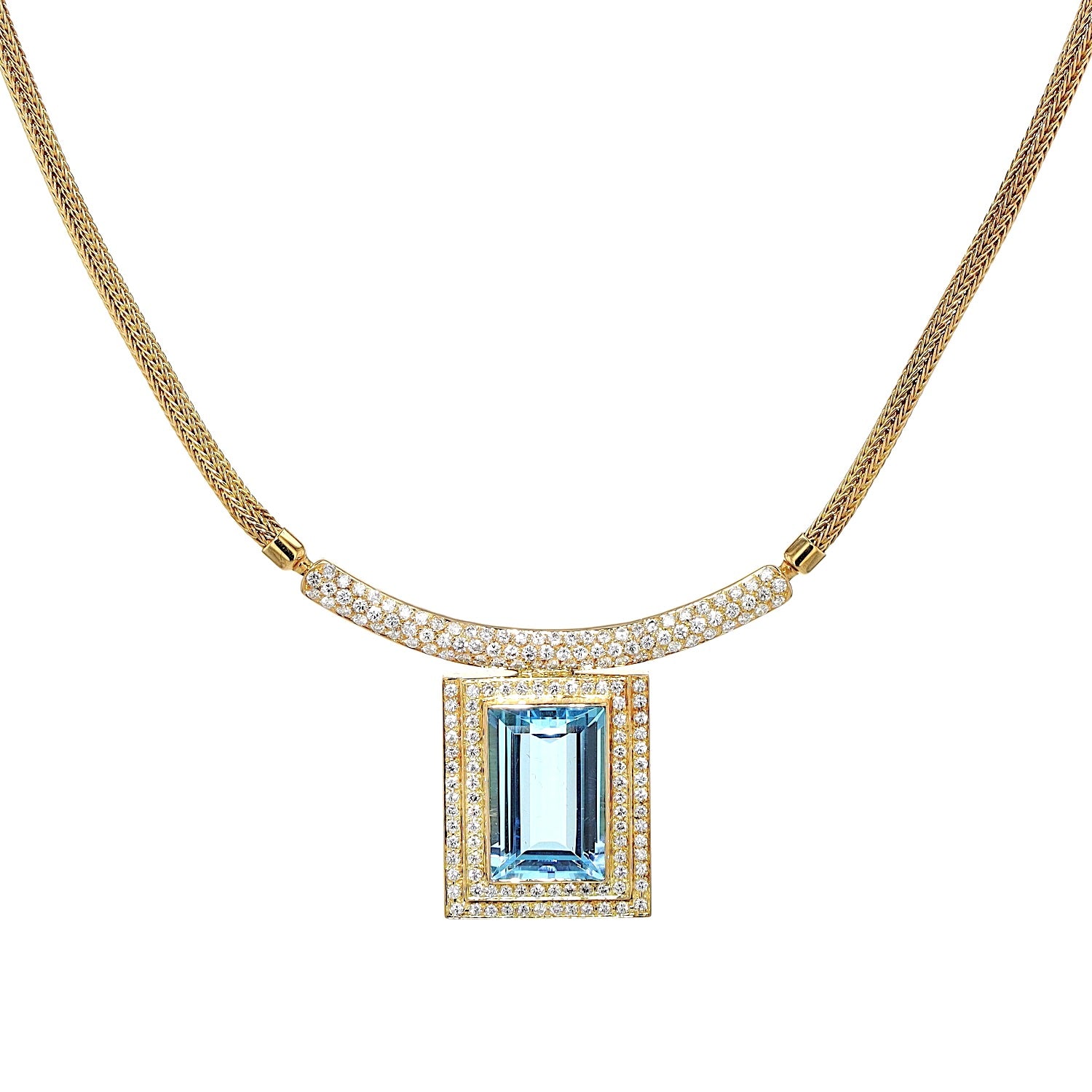 Collier in 750er Gelbgold mit einem blauen Edeltopas und Brillanten, hängend frontal