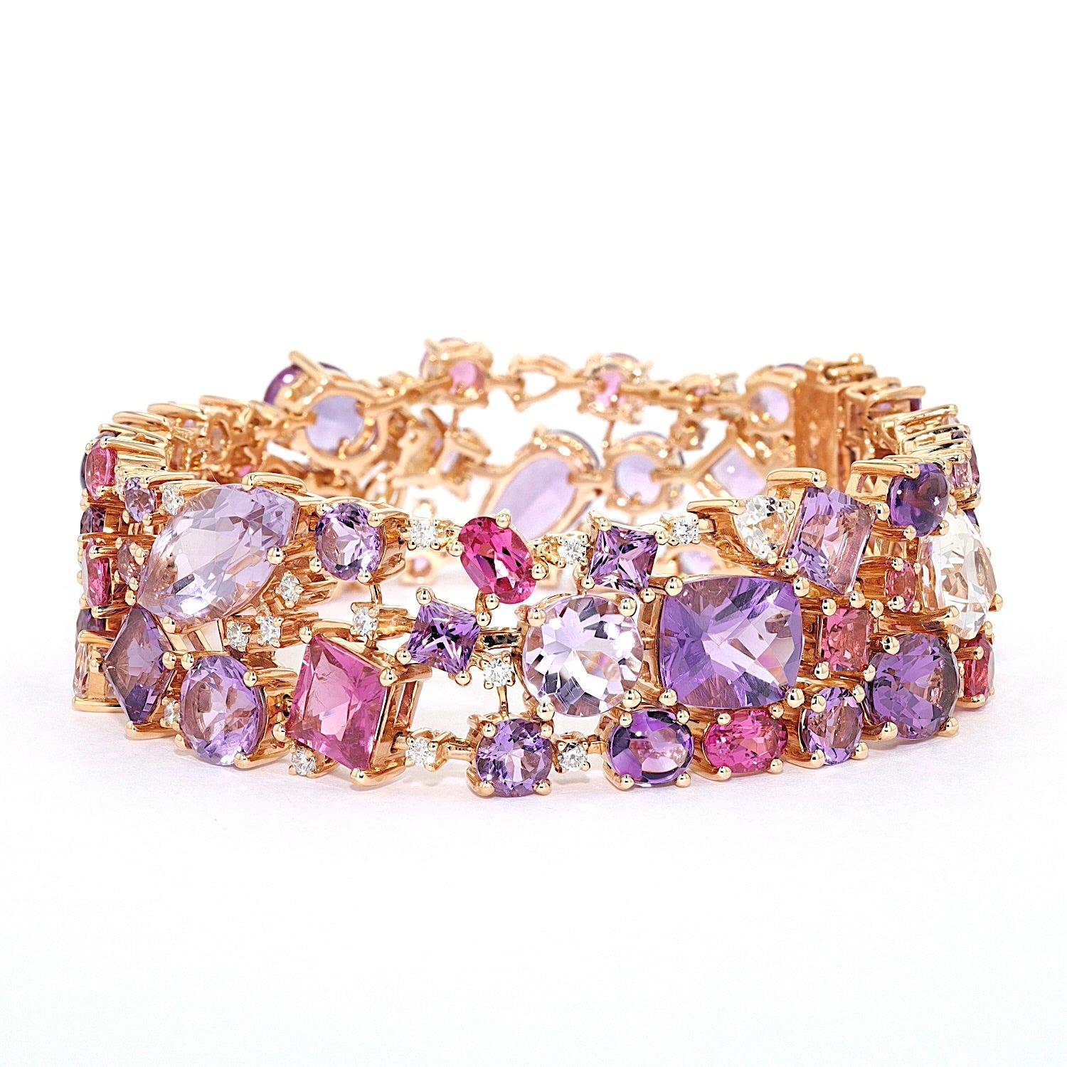 Armband von Buchwald in 750er Rotgold mit Amethysten, Turmalinen, Saphiren, Rubelliten, Morganiten und Brillanten