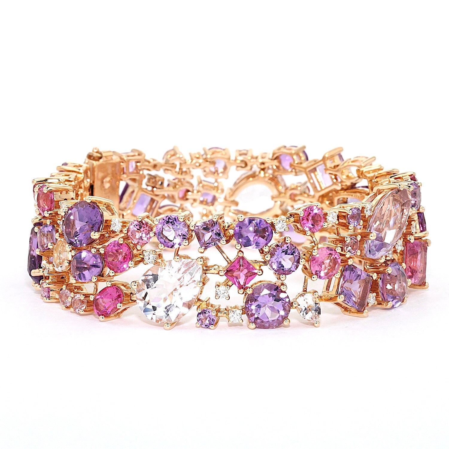 Armband von Buchwald in 750er Rotgold mit Amethysten, Turmalinen, Saphiren, Rubelliten, Morganiten und Brillanten