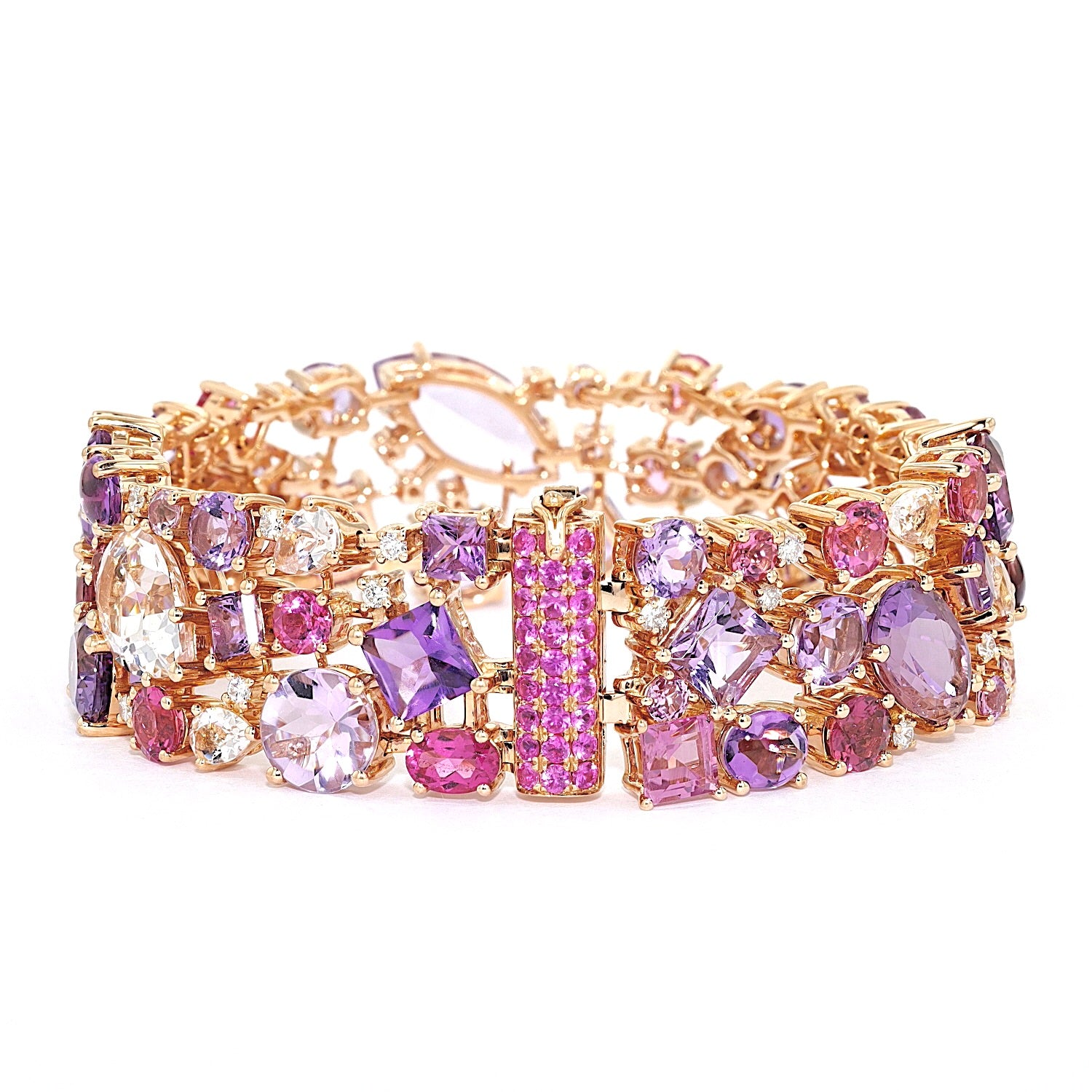 Armband von Buchwald in 750er Rotgold mit Amethysten, Turmalinen, Saphiren, Rubelliten, Morganiten und Brillanten