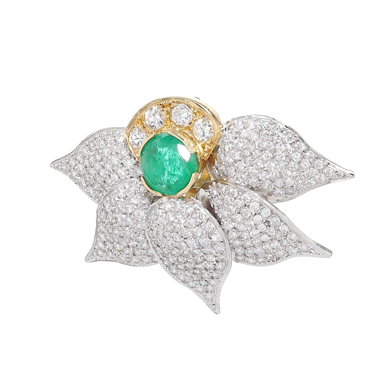 Pendant / brooch in 750 gold with brilliants and an emerald, hanging, turned to the left