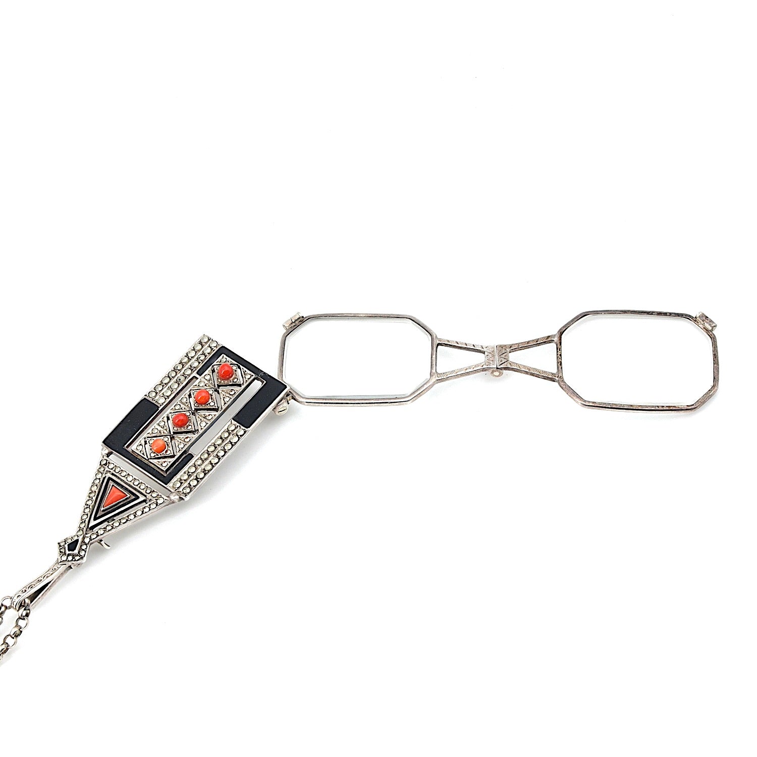 Art Deco lorgnette / lorgnette in silver with corals, marcasites and enamel